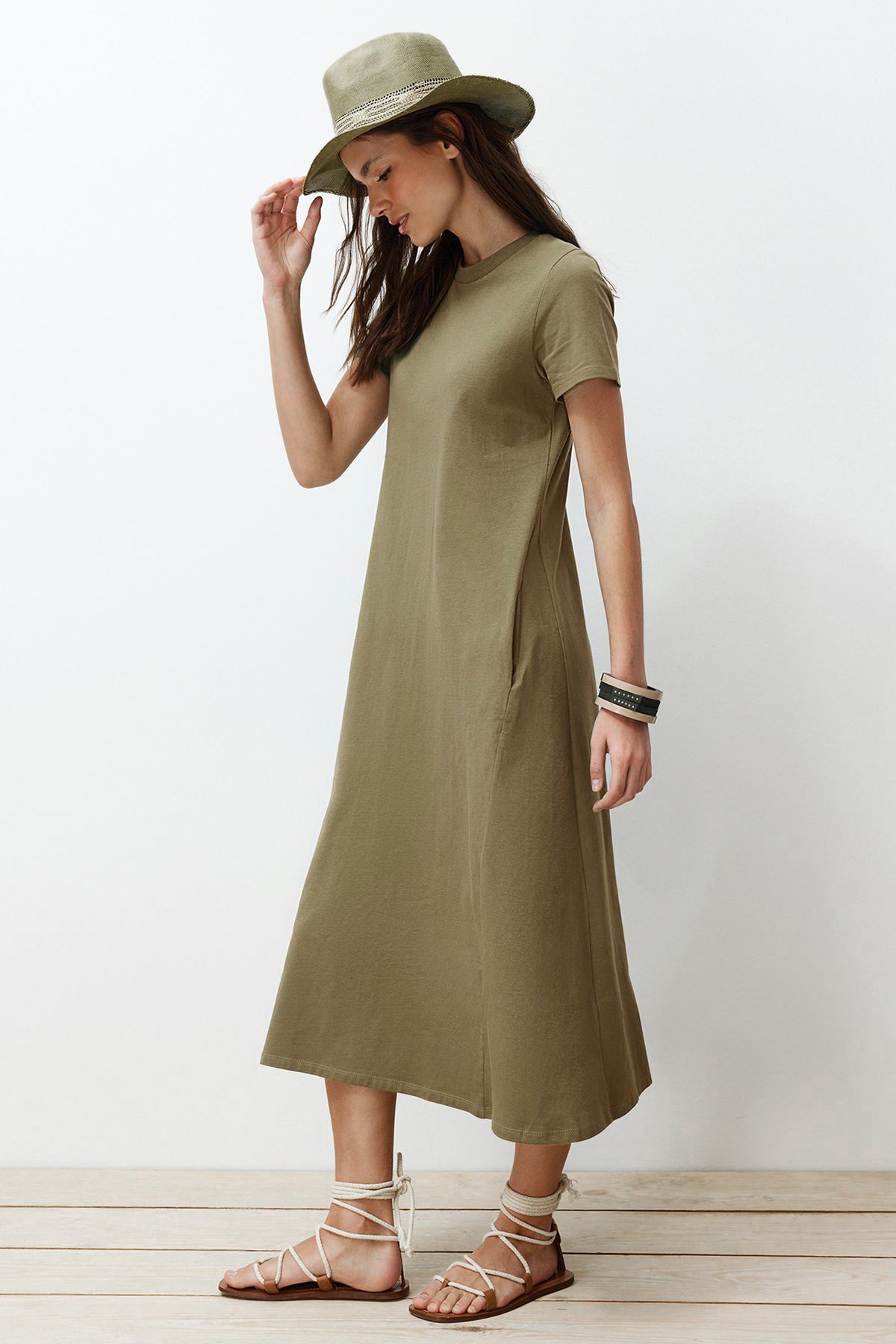 Trendyol Collection-Khaki Pocketed Premium Crew Neck A-Line Knitted Midi Dress TWOSS24EL00169 4