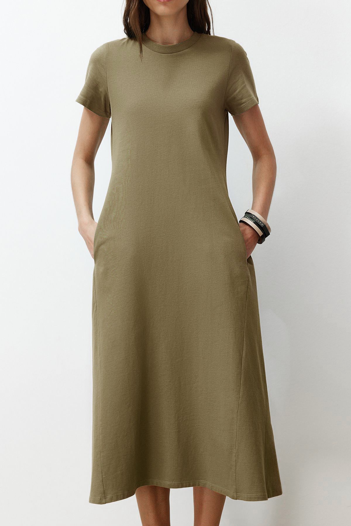 Trendyol Collection-Khaki Pocketed Premium Crew Neck A-Line Knitted Midi Dress TWOSS24EL00169 3