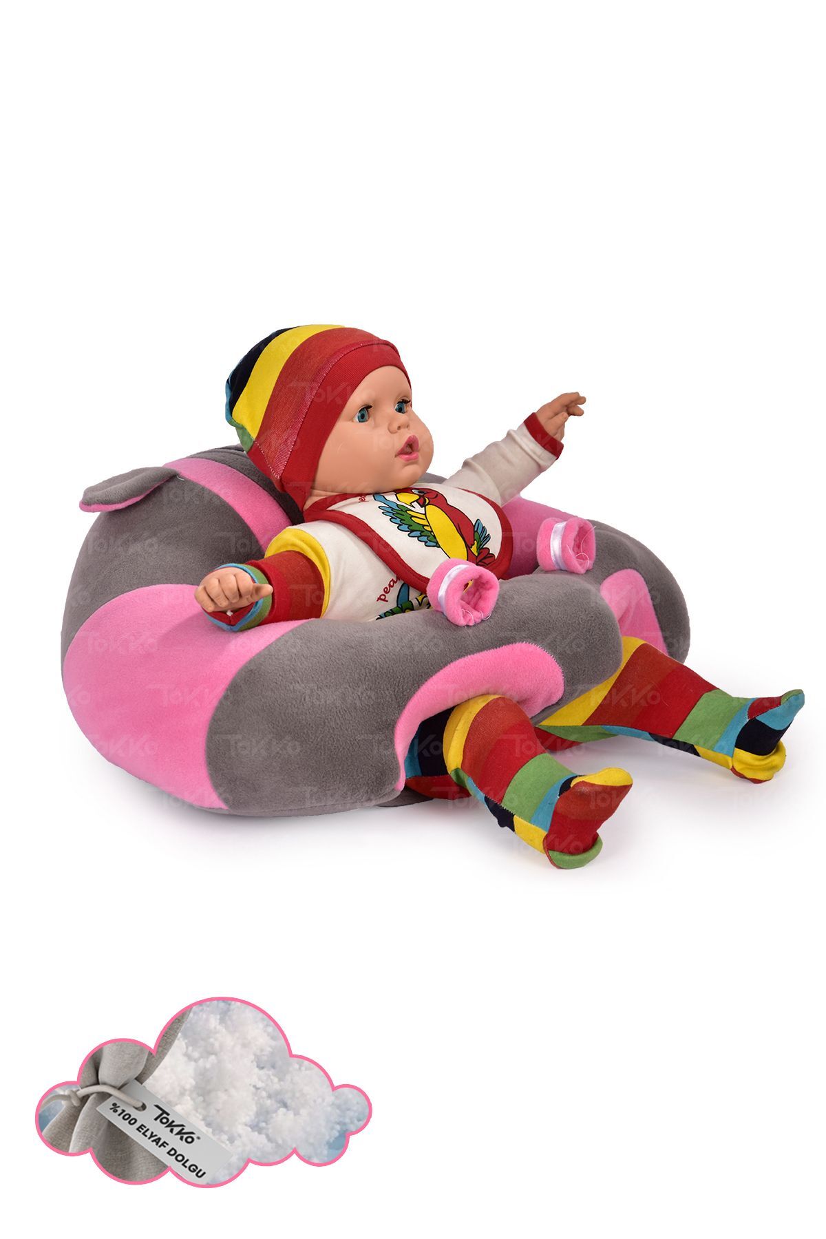 TOKKO Elyaf Dolgu Bebek Oturma Destek Minderi - Devrilmez Bebek Koltuğu - Büyük Bebek Oturağı Gri Pembe