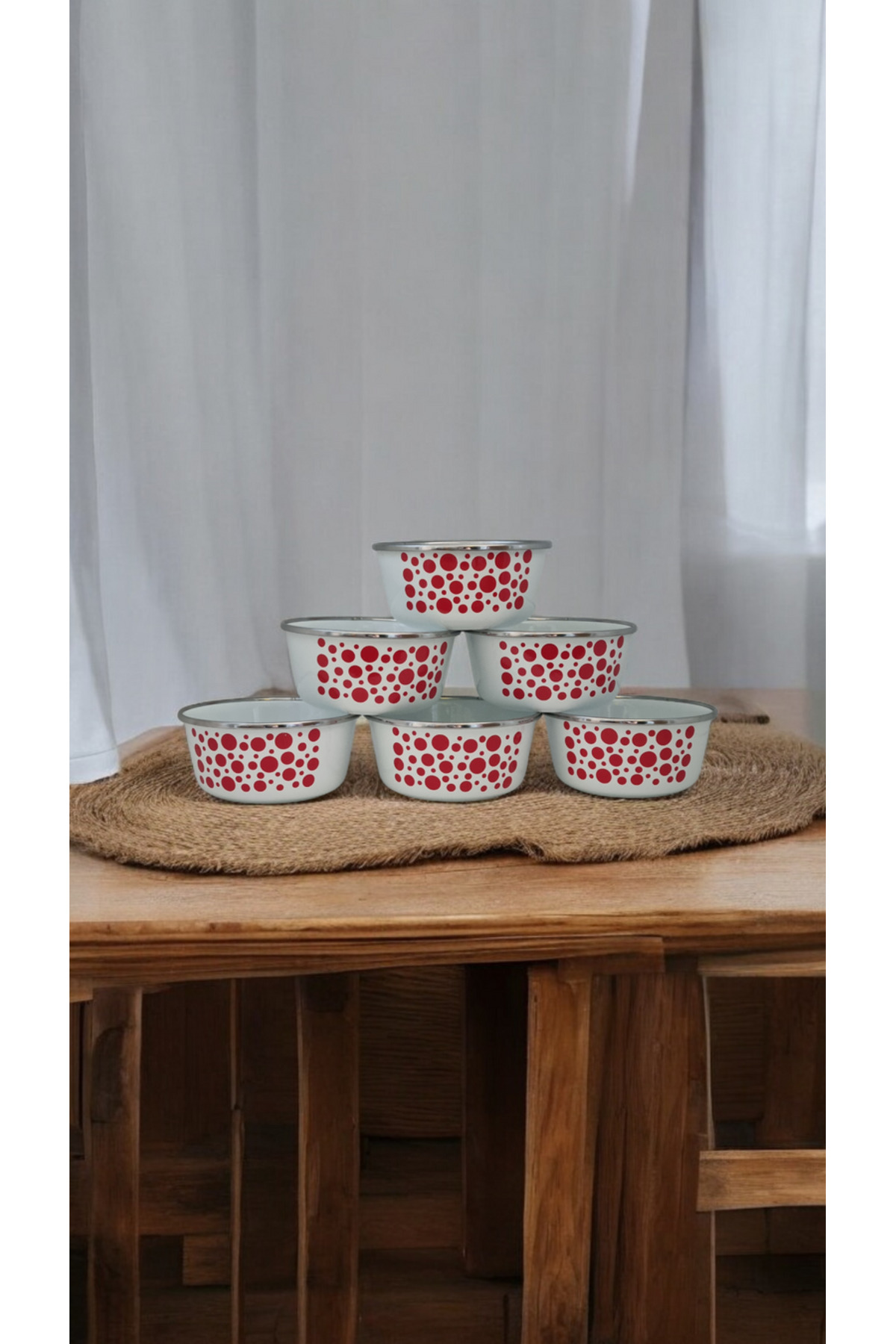 Emaye Kase Seti Kırmızı Desenli Kase Takımı 14cm 6 Adet