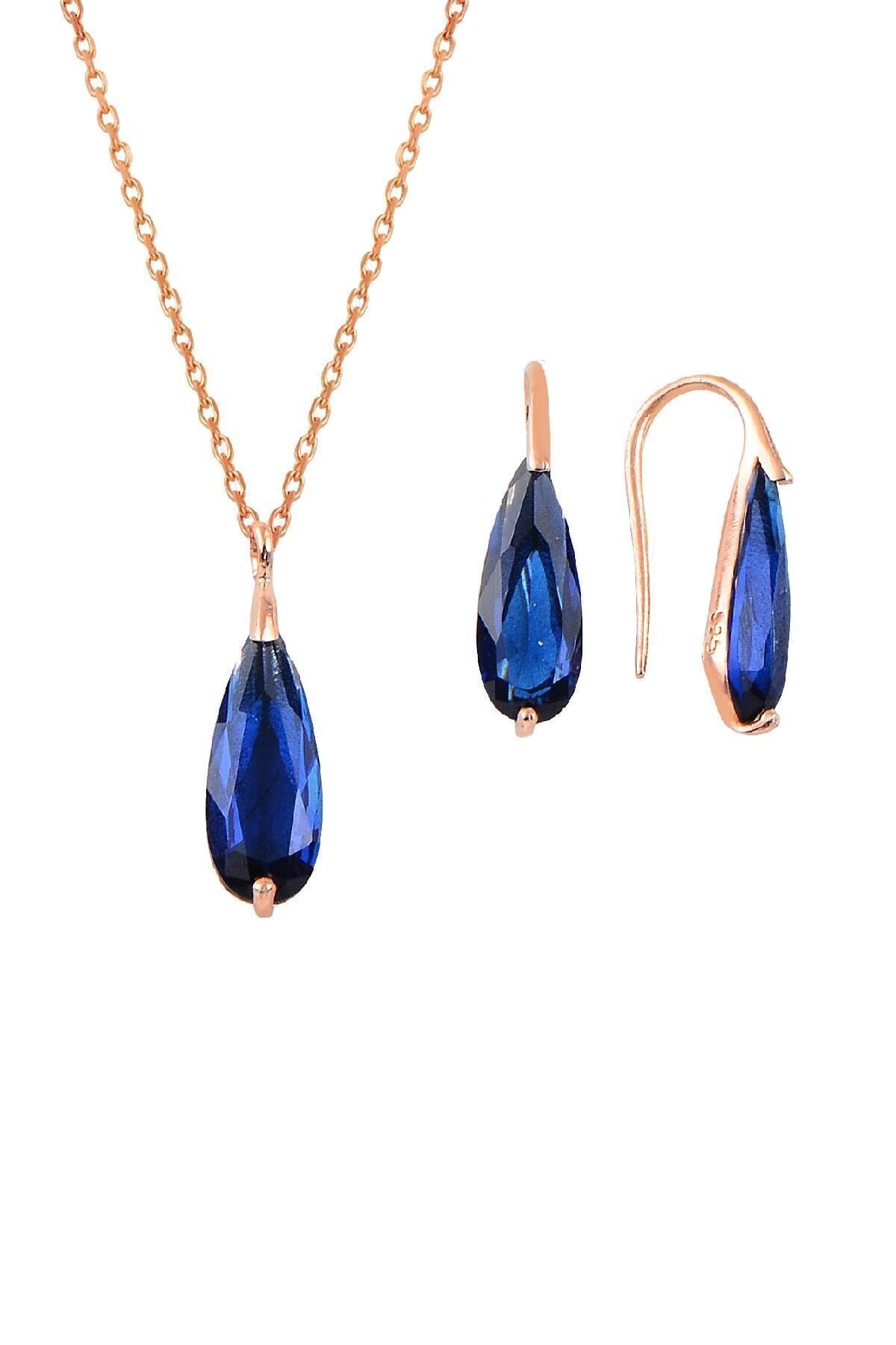 Söğütlü Silver Gümüş rose lacivert taşlı damla kolye ve küpe ikili gümüş set