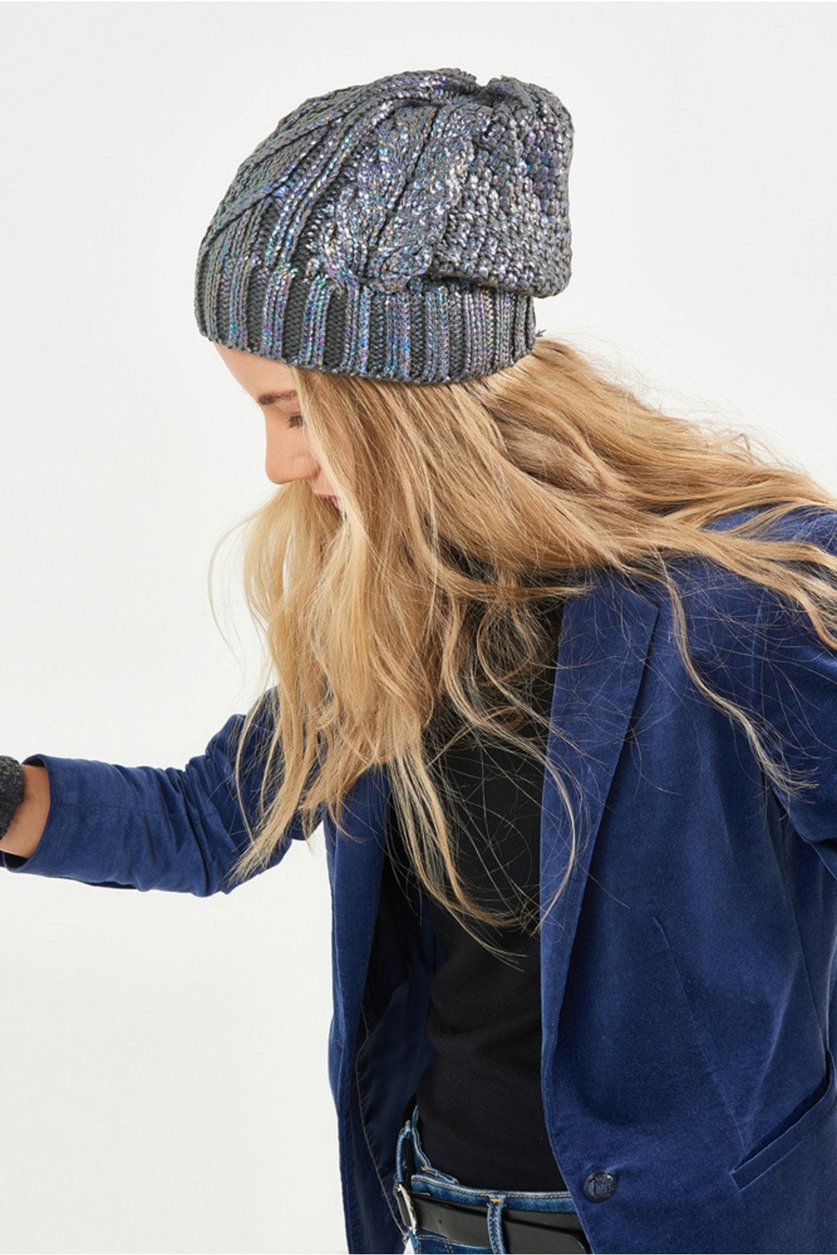 POSUSS-Glittery Non-Pompom Acrylic Women's Beret K.grey - Ps254 3