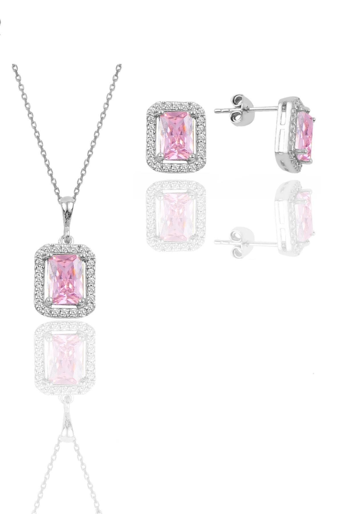 Söğütlü Silver Gümüş Rodyumlu Pembe Taşlı Baget Kesim Ikili Set Sgtl11567pembe