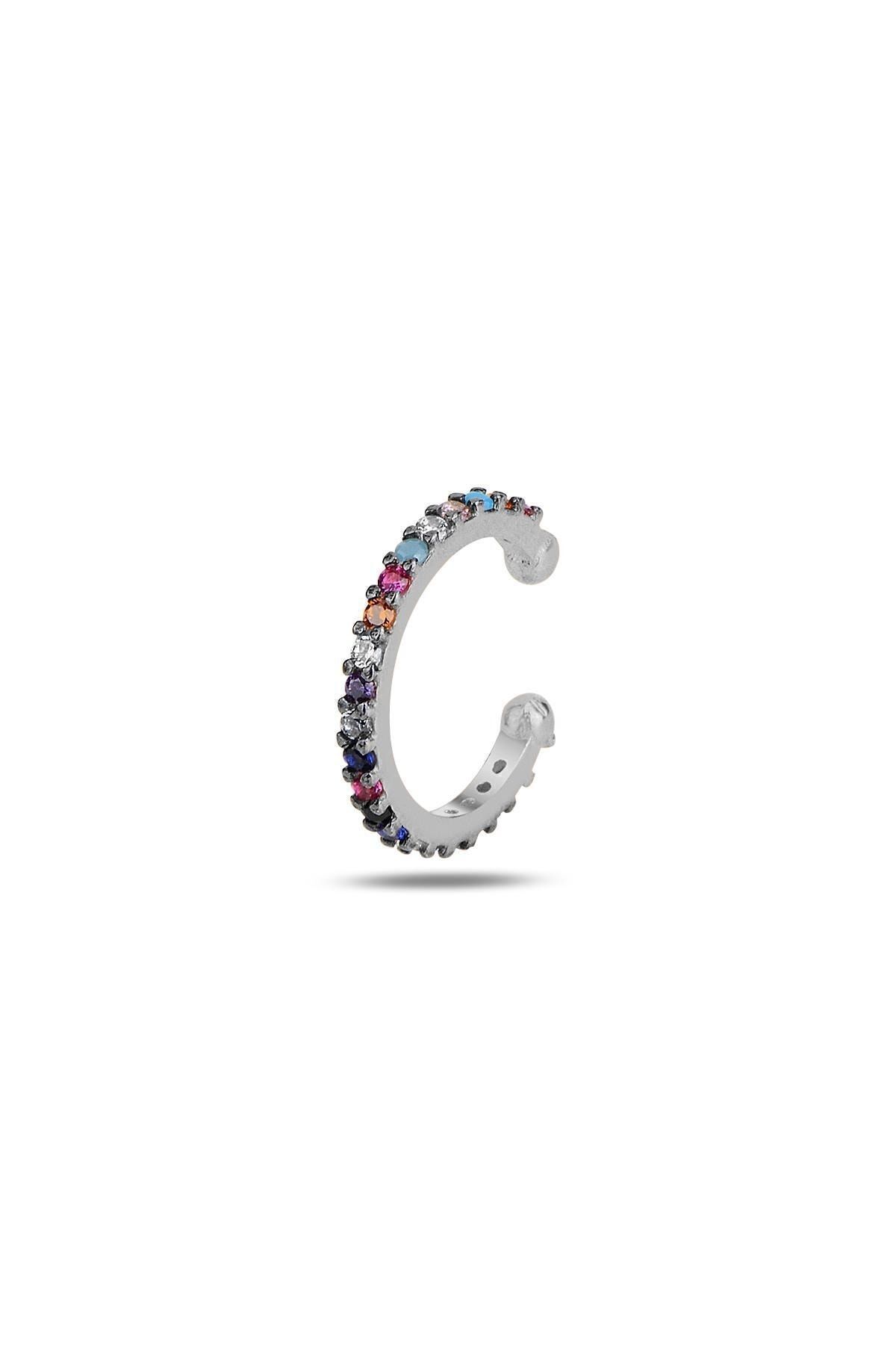 Gümüş Rodyumlu Renkli Taşlı Sıkıştırmalı Kıkırdak Küpe Ear Cuff 2