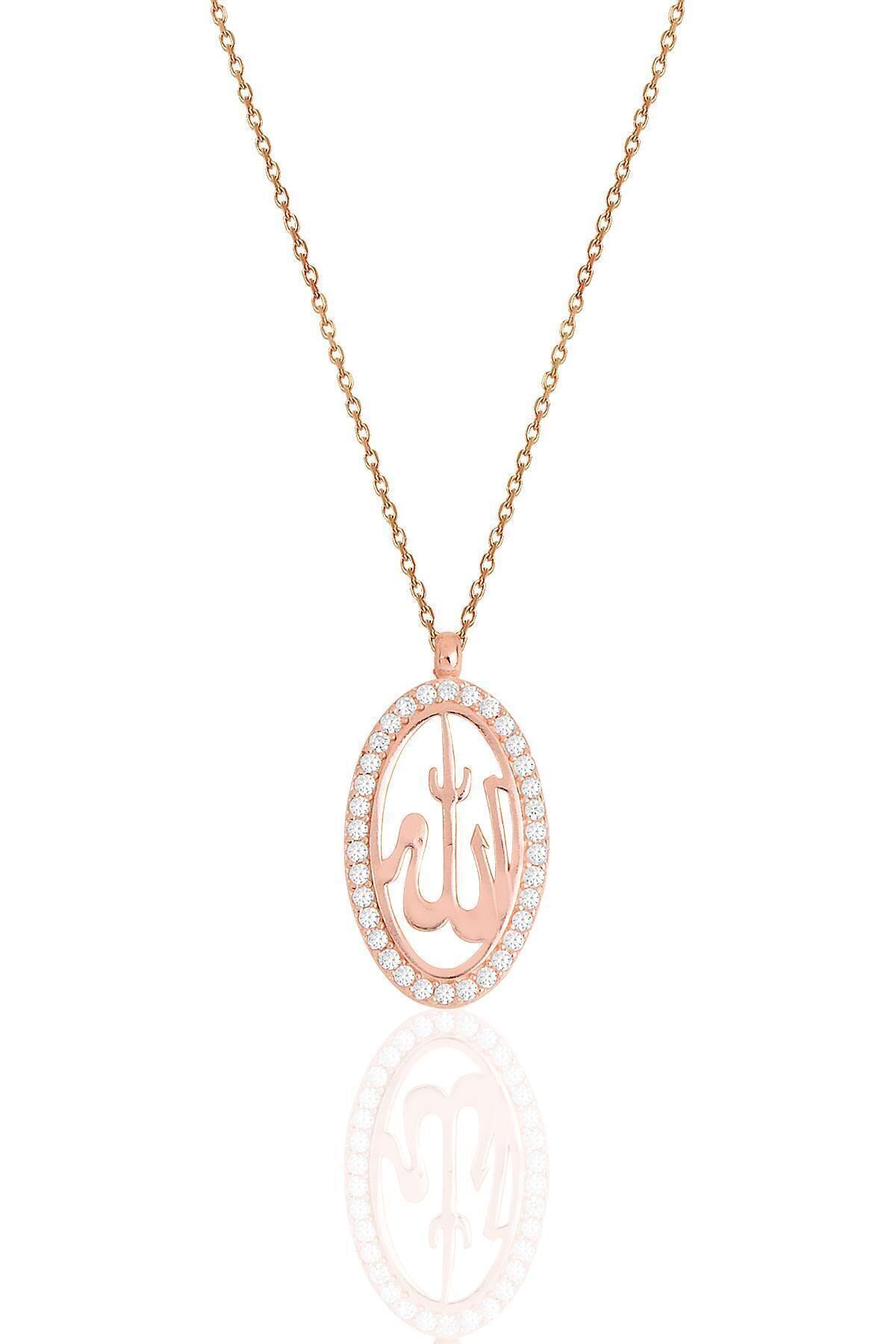 Gümüş Rose Zirkon Taşlı Oval Çerçeveli Allah Lafzı Kolye Sgtl11509rose