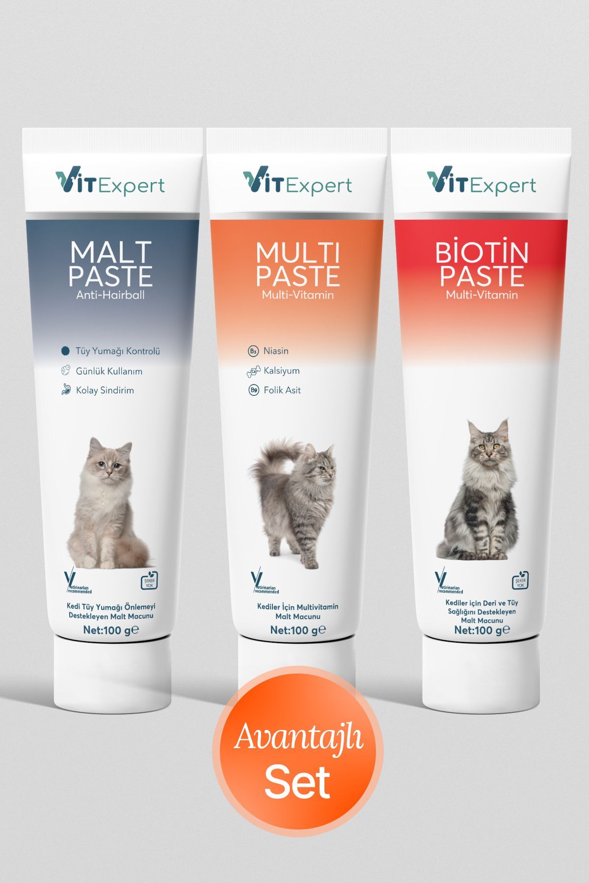 Vitexpert Kedi Tüy Yumağı Önleyici, Kedi Multi-Vitamin Macun, Deri Tüy Sağlığı Destekleyici Malt 100g 3’lü Set
