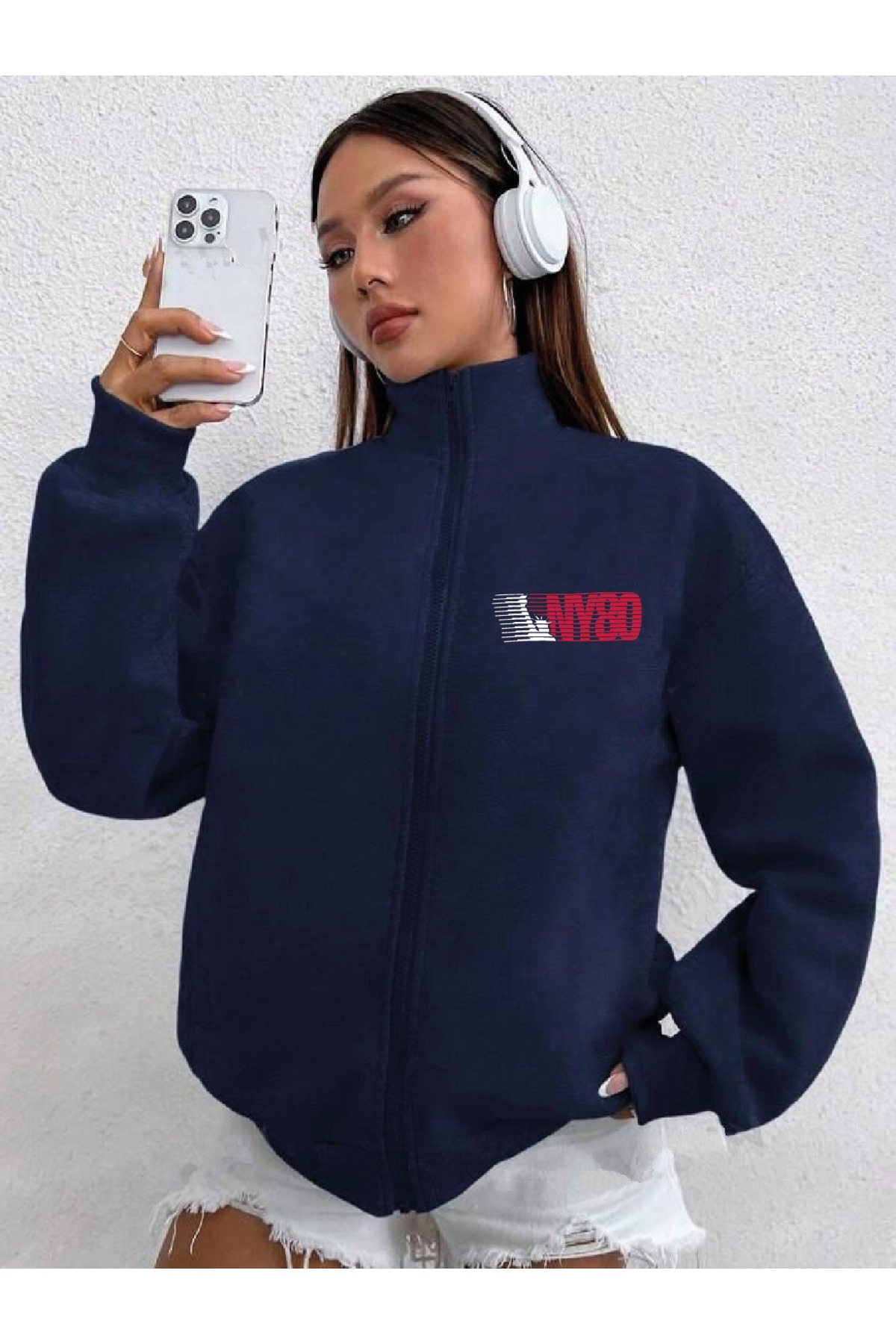 LOUİSA  Kadın Lacivert New York To The World Baskılı Dik Yaka Boydan Fermuarlı Hırka