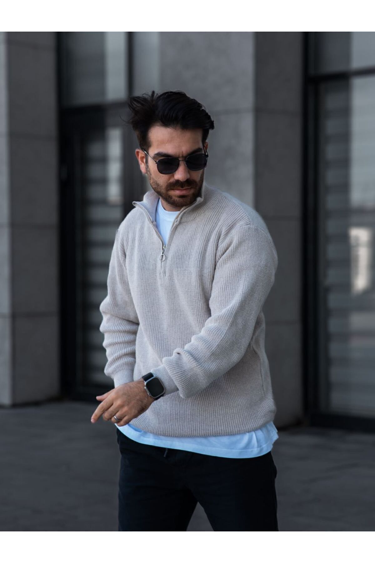 Unisex Yarım Fermuarlı Triko Kazak — خاکستری OTK-SLNK-KZK