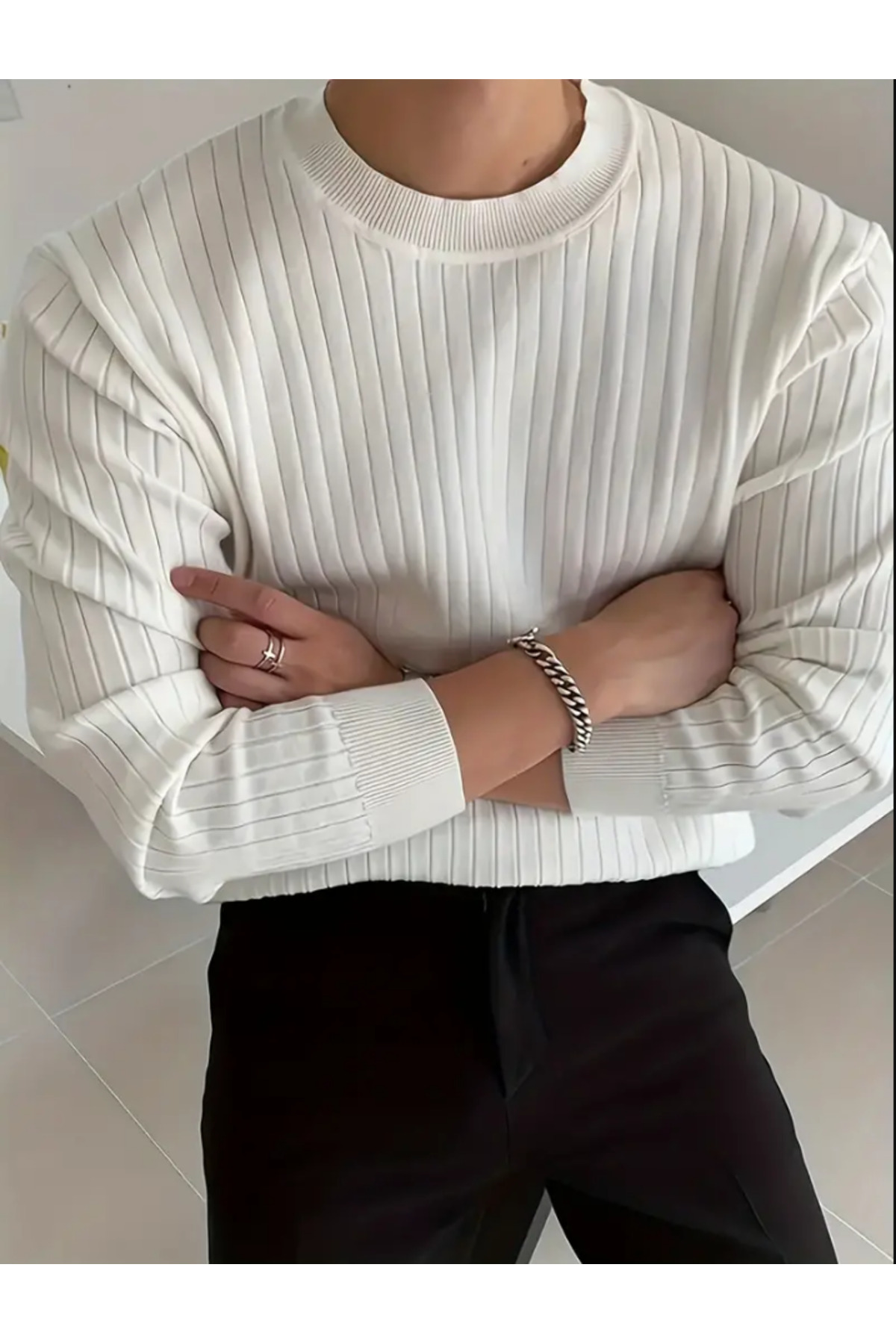 Erkek Beyaz Bisiklet Yaka Slim Fit Triko Kazak — سفید CS18194 — تصویر 5 از 5