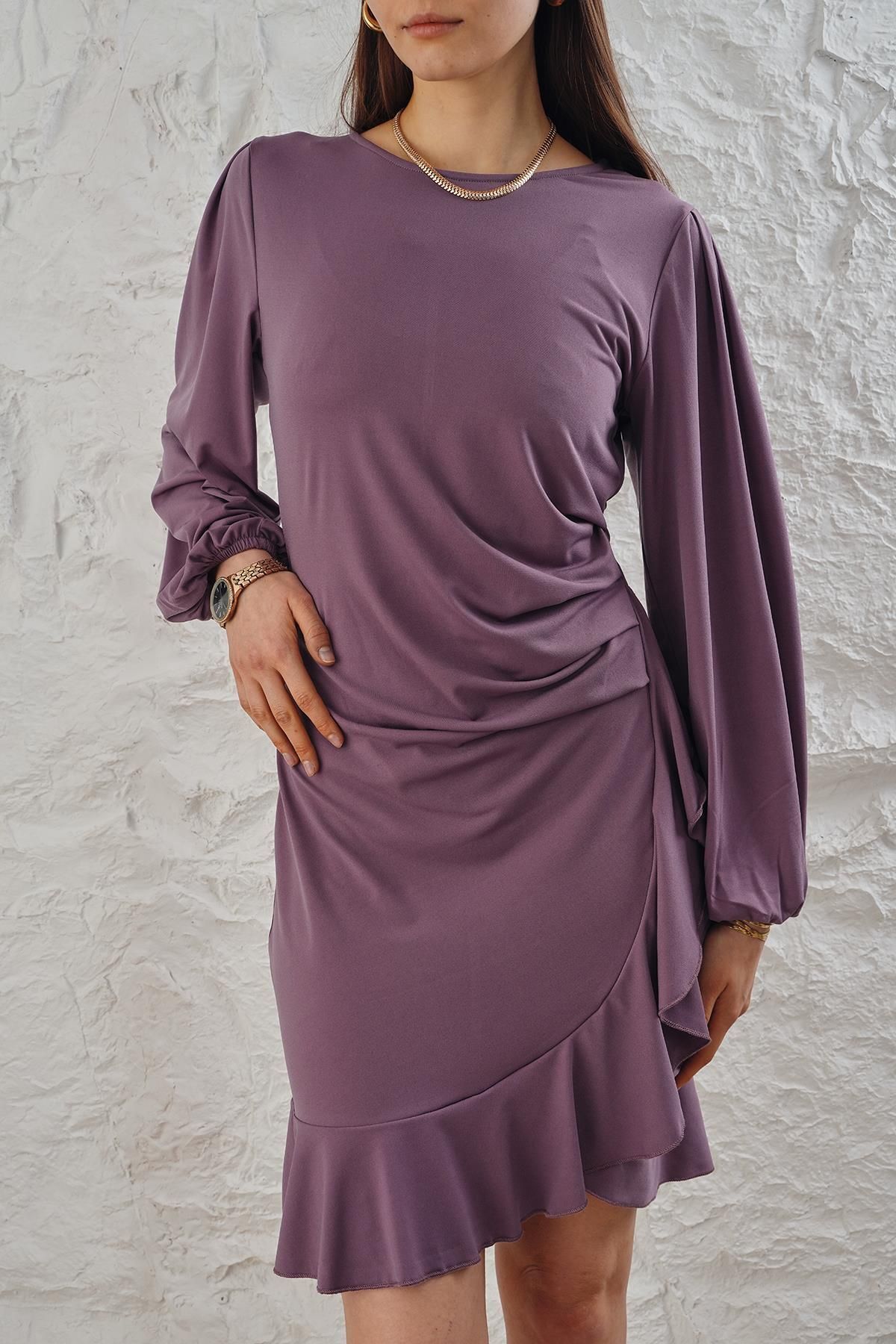 LİVE SPORT Dried Rose Sandy Fabric - Rochie De Damă Cu Maneci Lungi Cu Volan Femeie - S