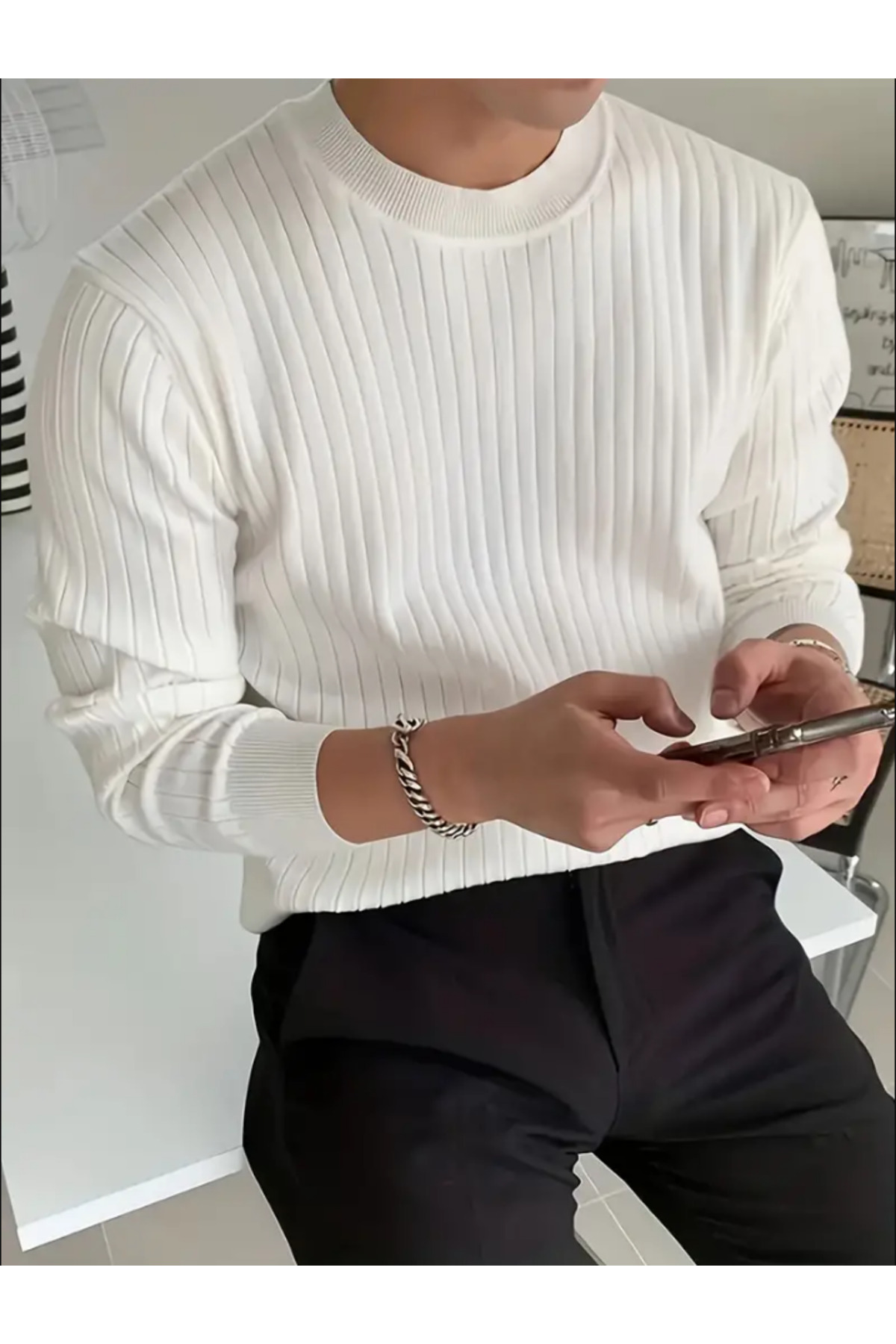 Erkek Beyaz Bisiklet Yaka Slim Fit Triko Kazak — سفید CS18194 — تصویر 4 از 5
