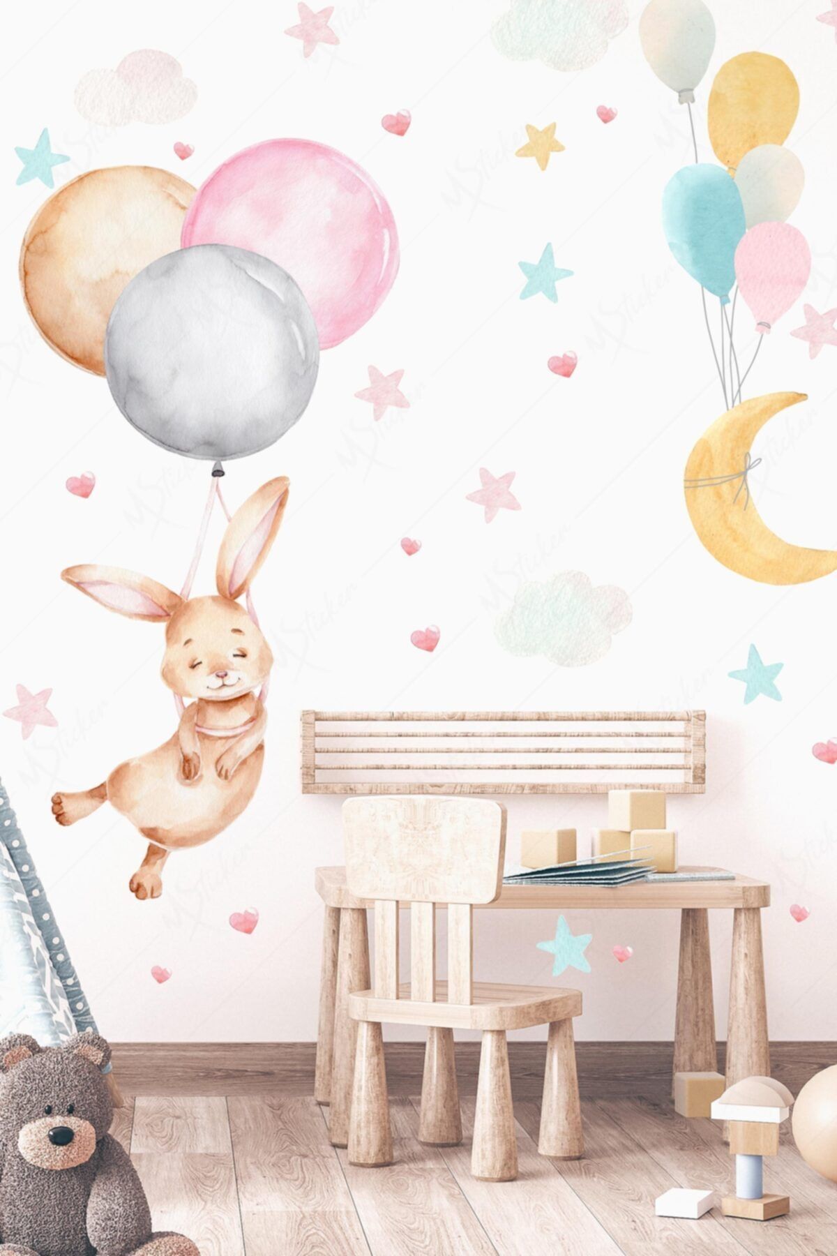 Balloon Flying Rabbit Moon Star And Hearts Kids Room Stickers Set
