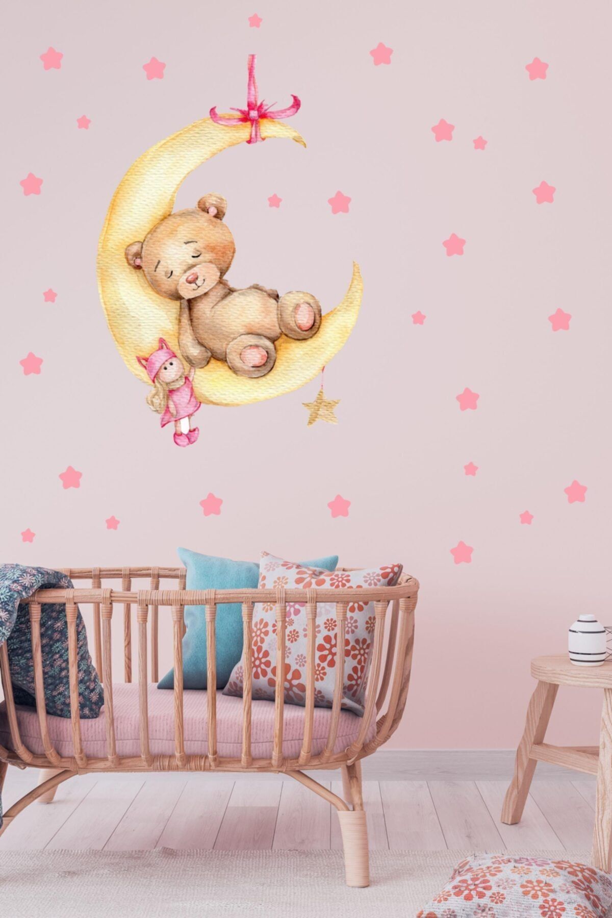 Cute Teddy Bear , Baby and Pink Stars Sleeping on the Moon Stickers Set