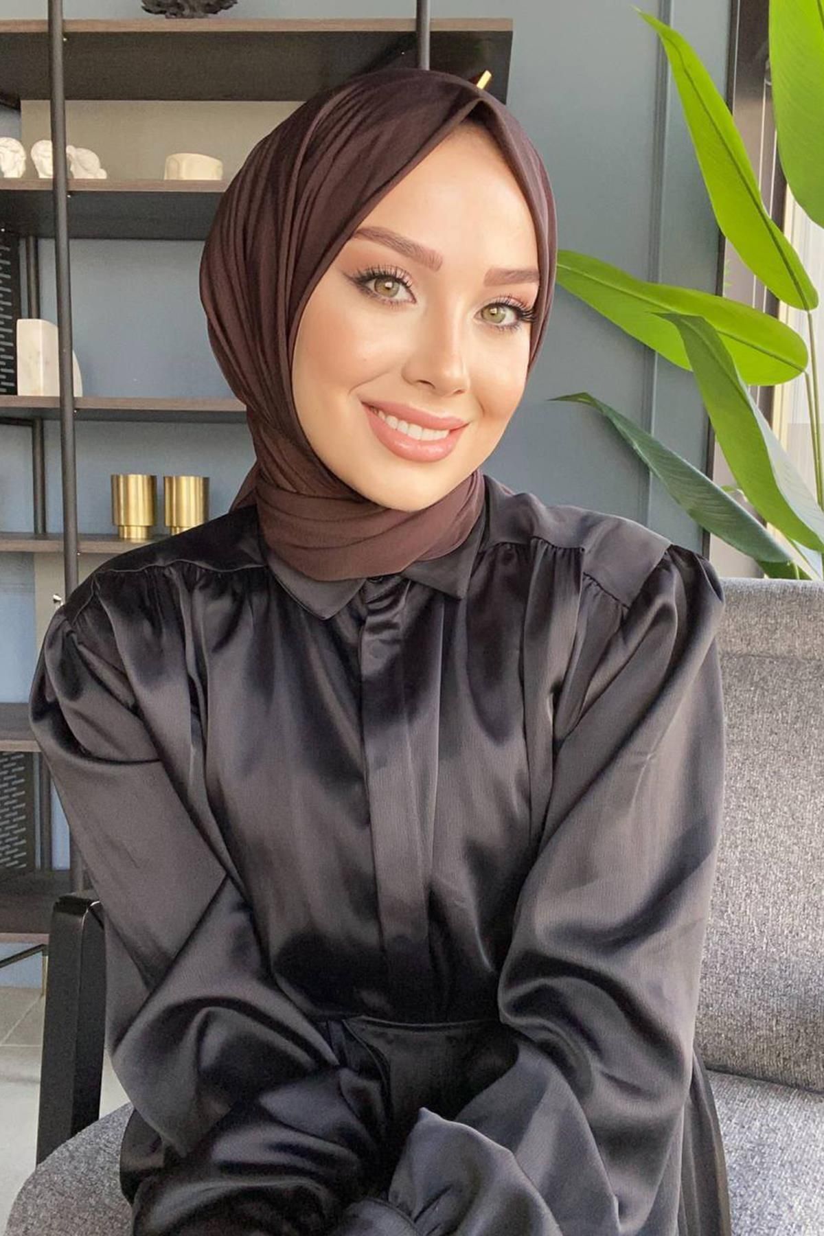 SAYRA  Shawl Kahverengi Çıtçıtlı Hazır Şal Syr002 - Görsel 4