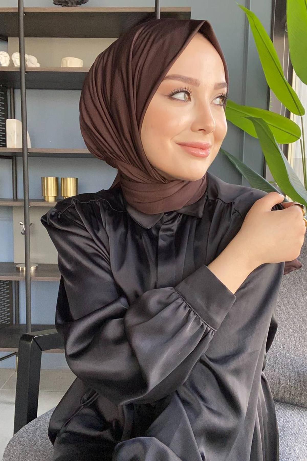 SAYRA  Shawl Kahverengi Çıtçıtlı Hazır Şal Syr002 - Görsel 5