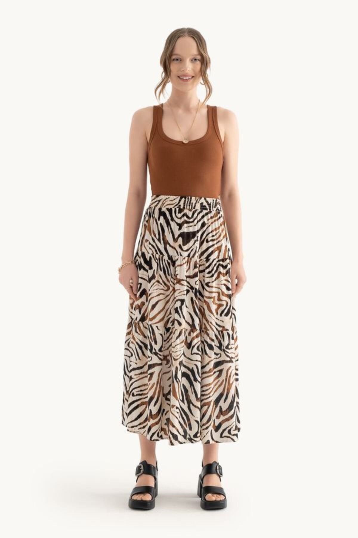 Hiccup-Zebra Pattern High Waist Elastic Waist Maxi Skirt 1