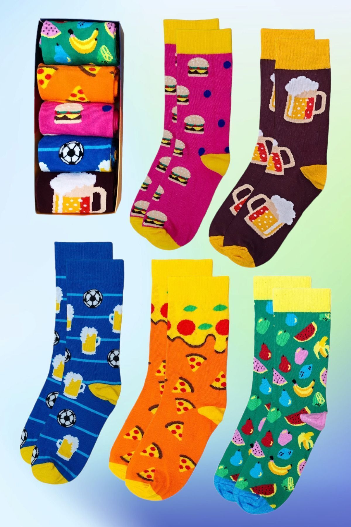 ZEYZEY MONKEY Set De 5 Șosete De Culori Mixte Cu Tematică De Fructe Și Băuturi Într-o Cutie Cadou Specială Unisex - 36-44