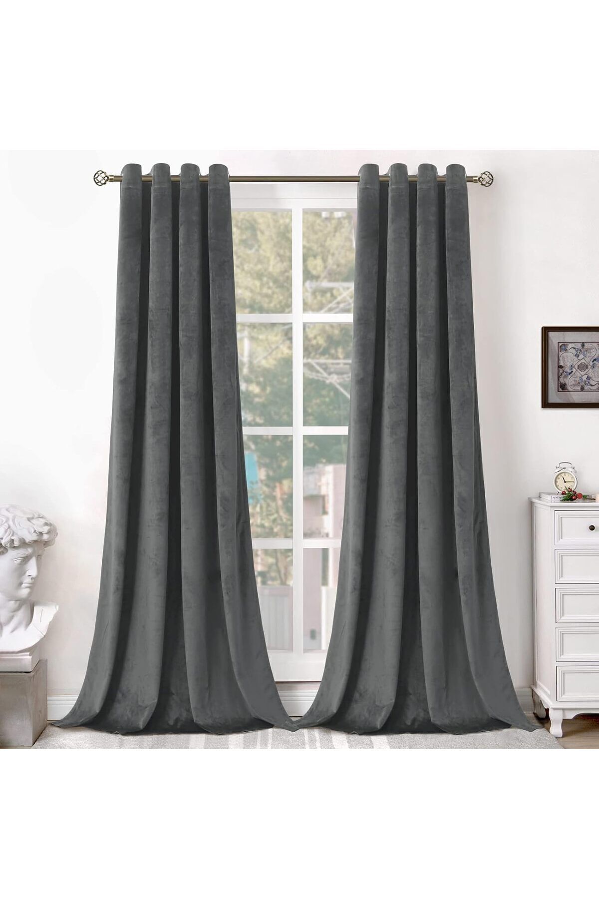 Pyramid Home-Anthracite gray Velvet Textured Soft Rustic Eyelet Background Curtain 1