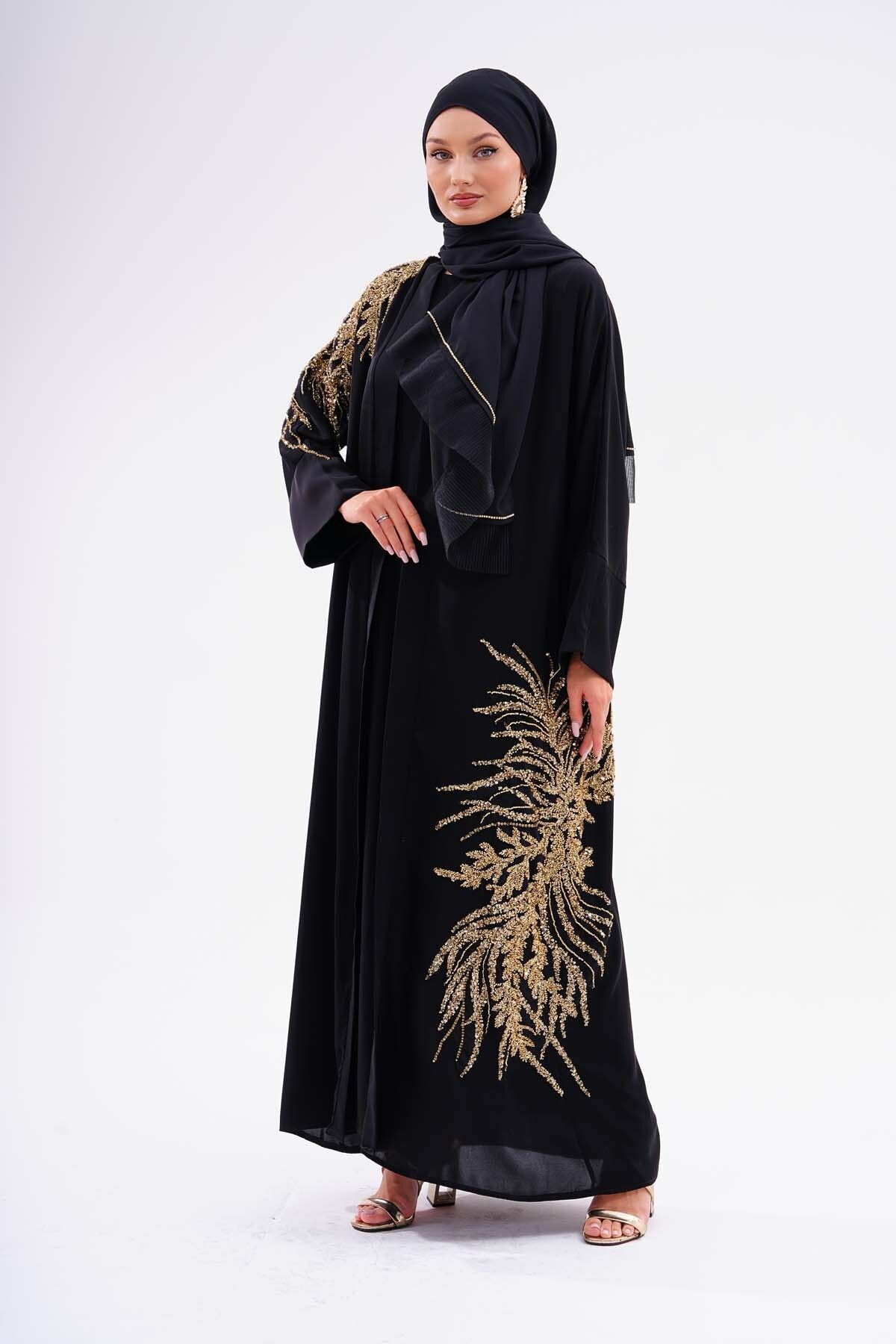 LÜKS ABAYA STAR GOLD ŞIK ABAYA KREP ŞİFON KALİTELİ KUMAŞ EL İŞLEMELİ ÖZEL DİKİM