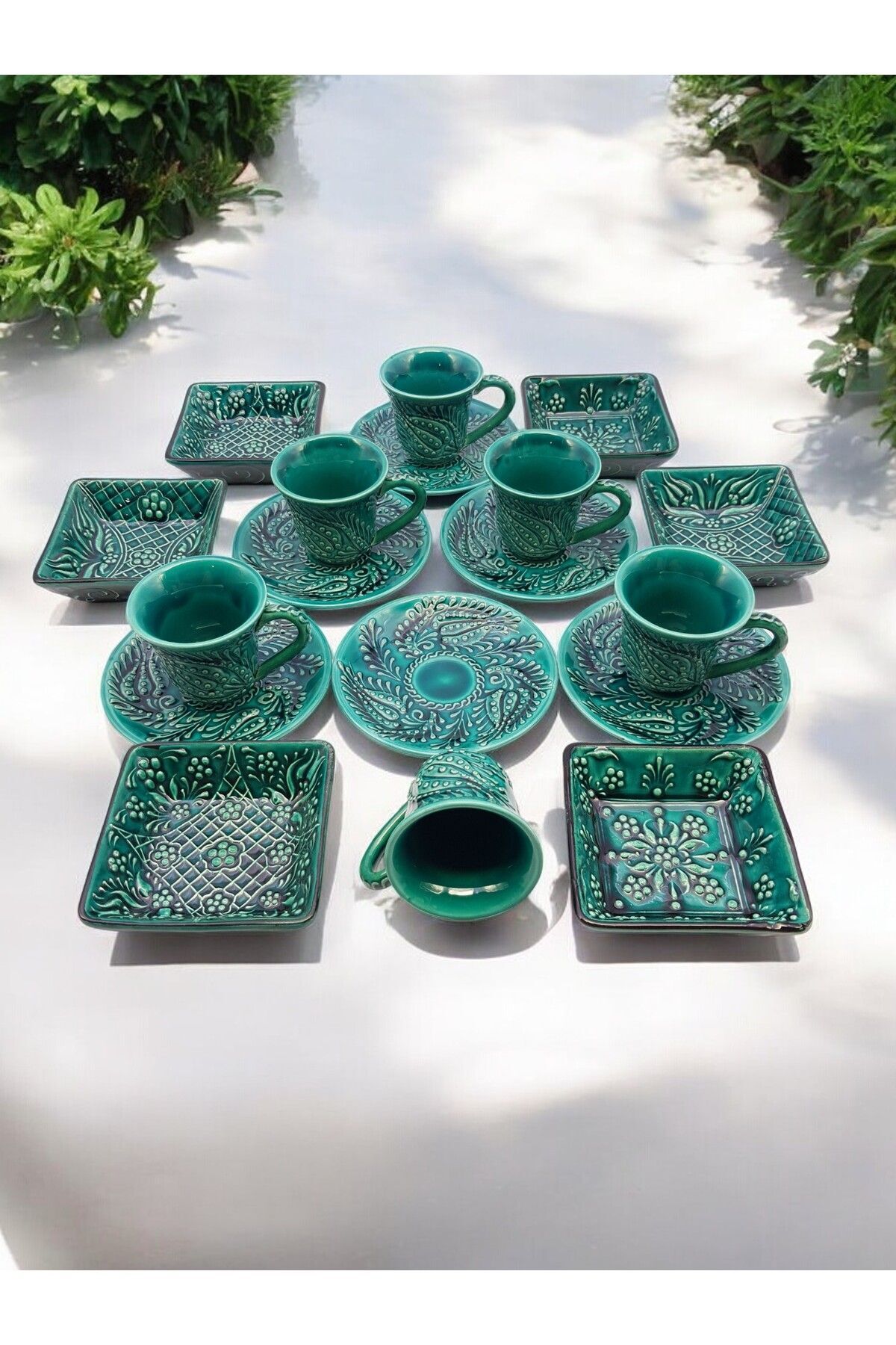 Ottoman Tulip Embossed Pattern Hand Embroidered Coffee Cup and Turkish Delight Holder Set, 18 Pieces