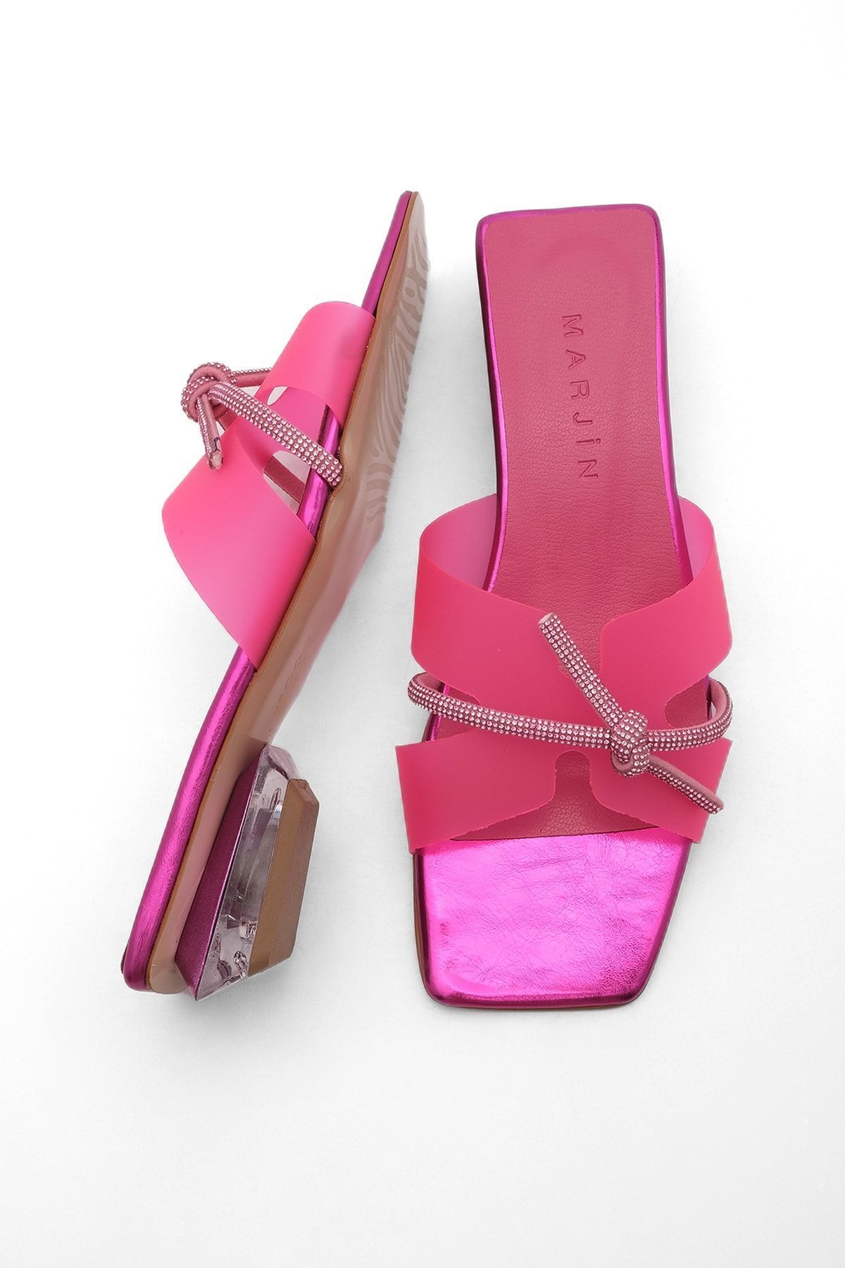 Marjin-Dámské Stoned Transparentní pruhovaná transparentní pata Tupá špička Pantofle na podpatku Ovenla Fuchsia 5
