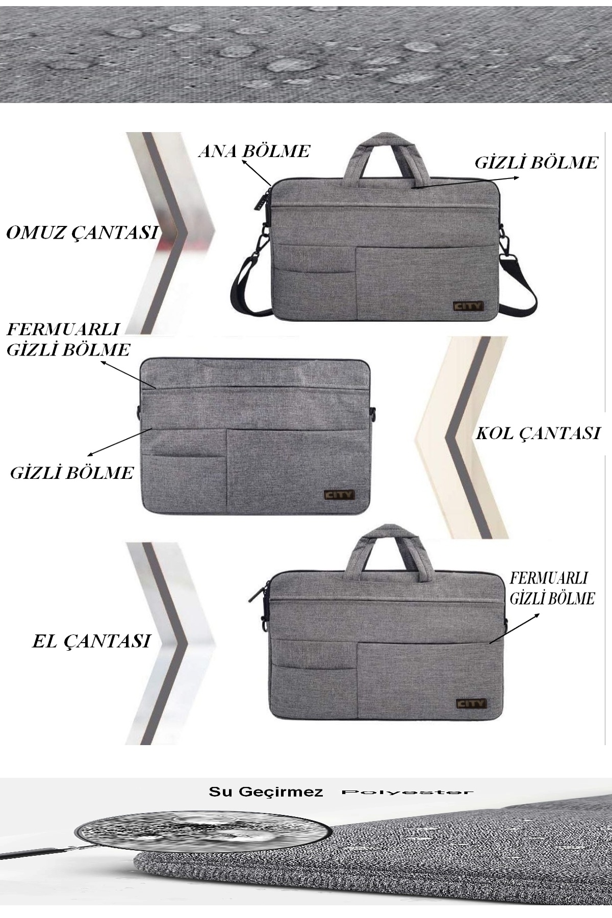 Stok CITY  14-15.6 Inç Organizer Siyah Unisex El, Omuz, Bilgisayar, Notebook, Laptop Çantası - Görsel 5