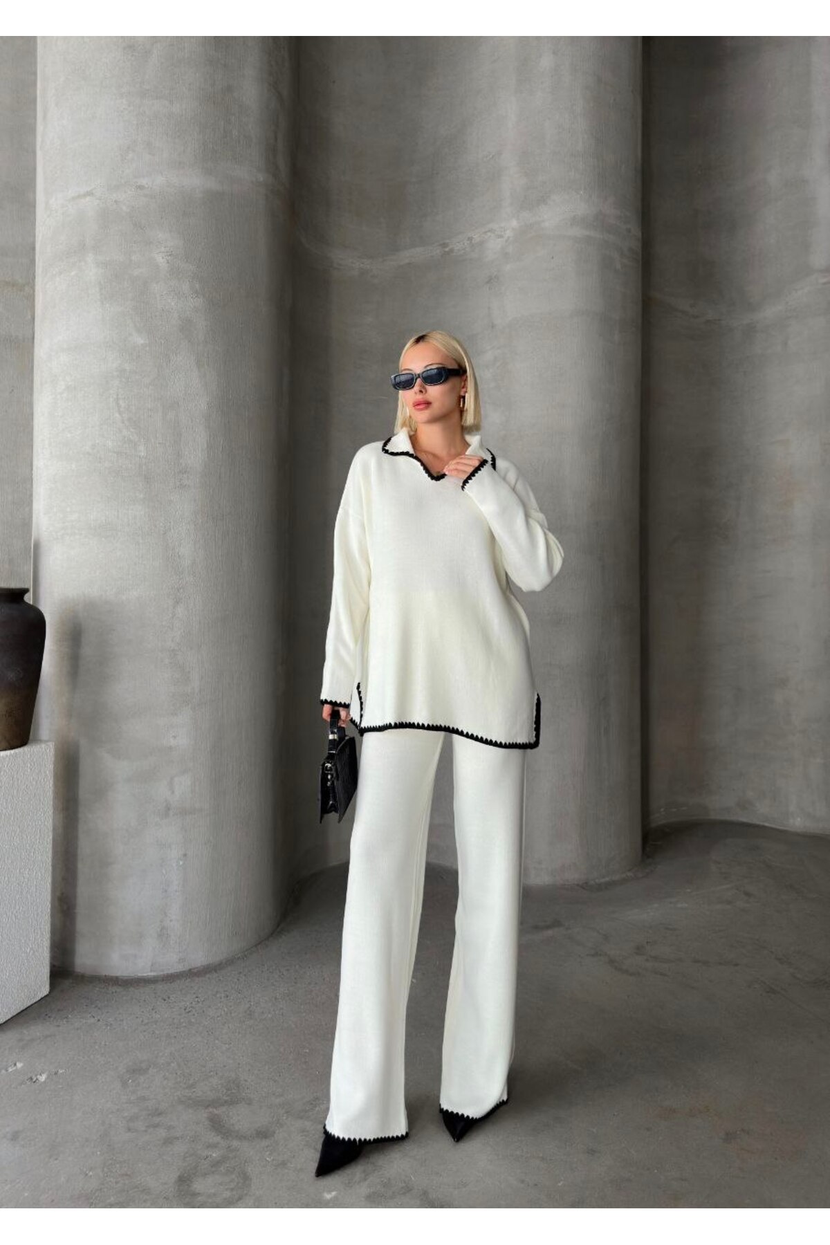 Women's Knit Trousers Set White Oversize Fit - Görsel 3