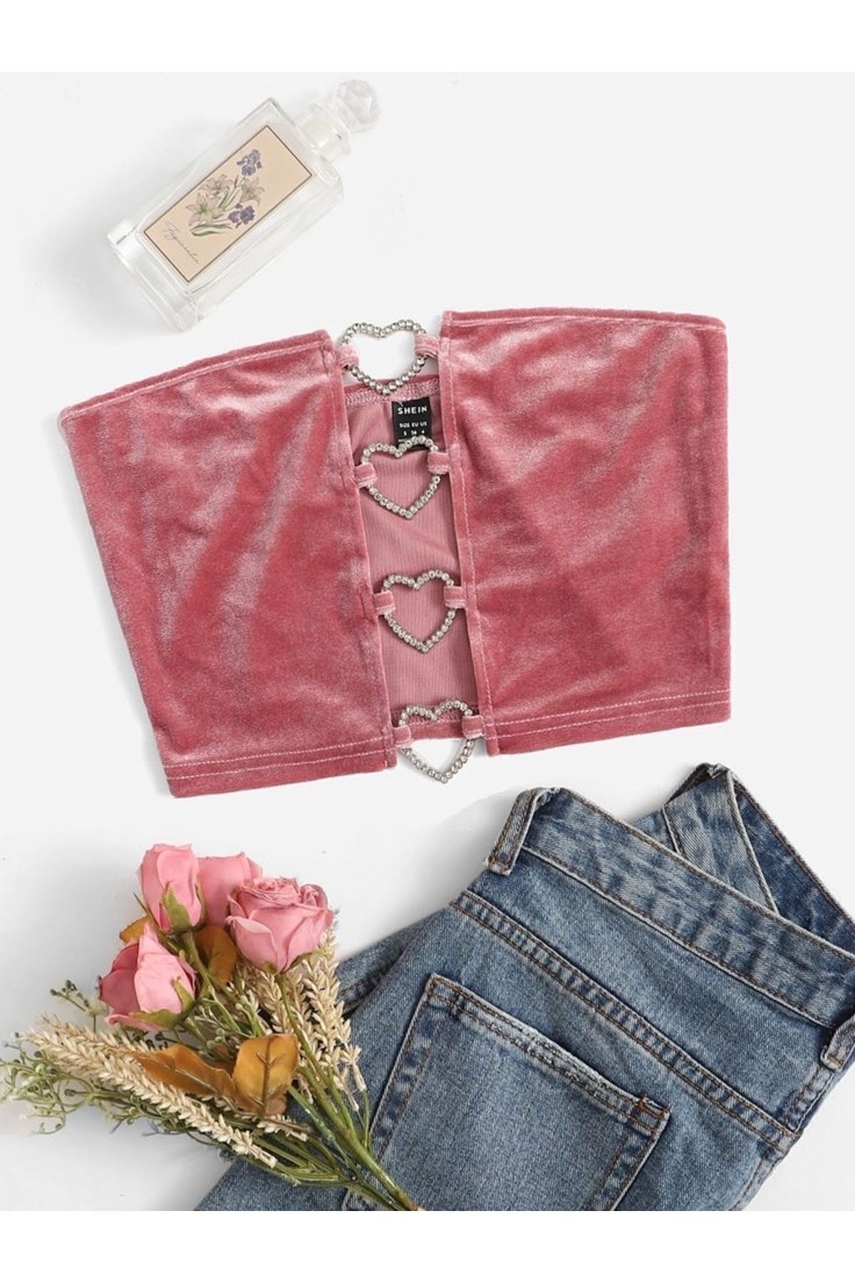 Lolipop Butik  Taşlı Kalpli Kadife Gül Kurusu Straplez Crop Top - Görsel 3