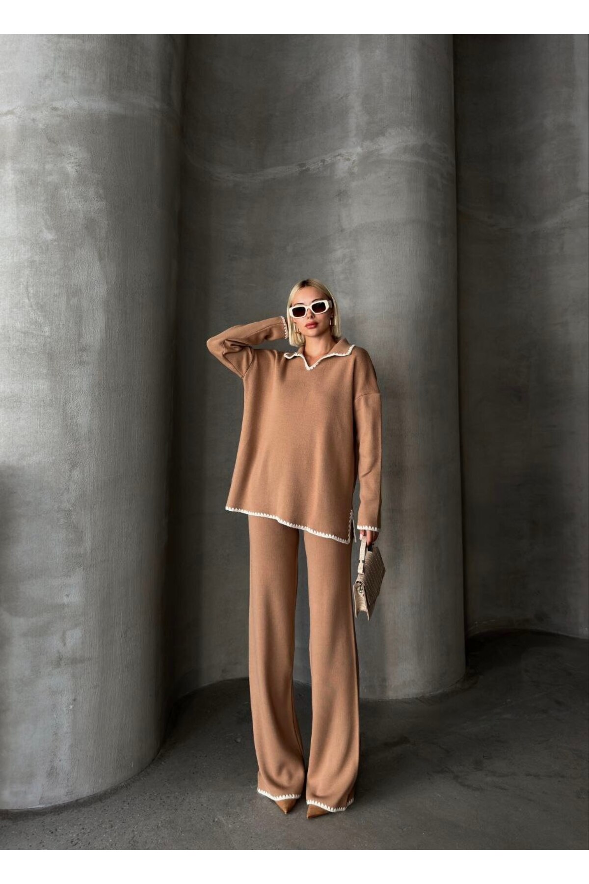 Kadın Triko Pantolon Takım Camel Oversize Kesim