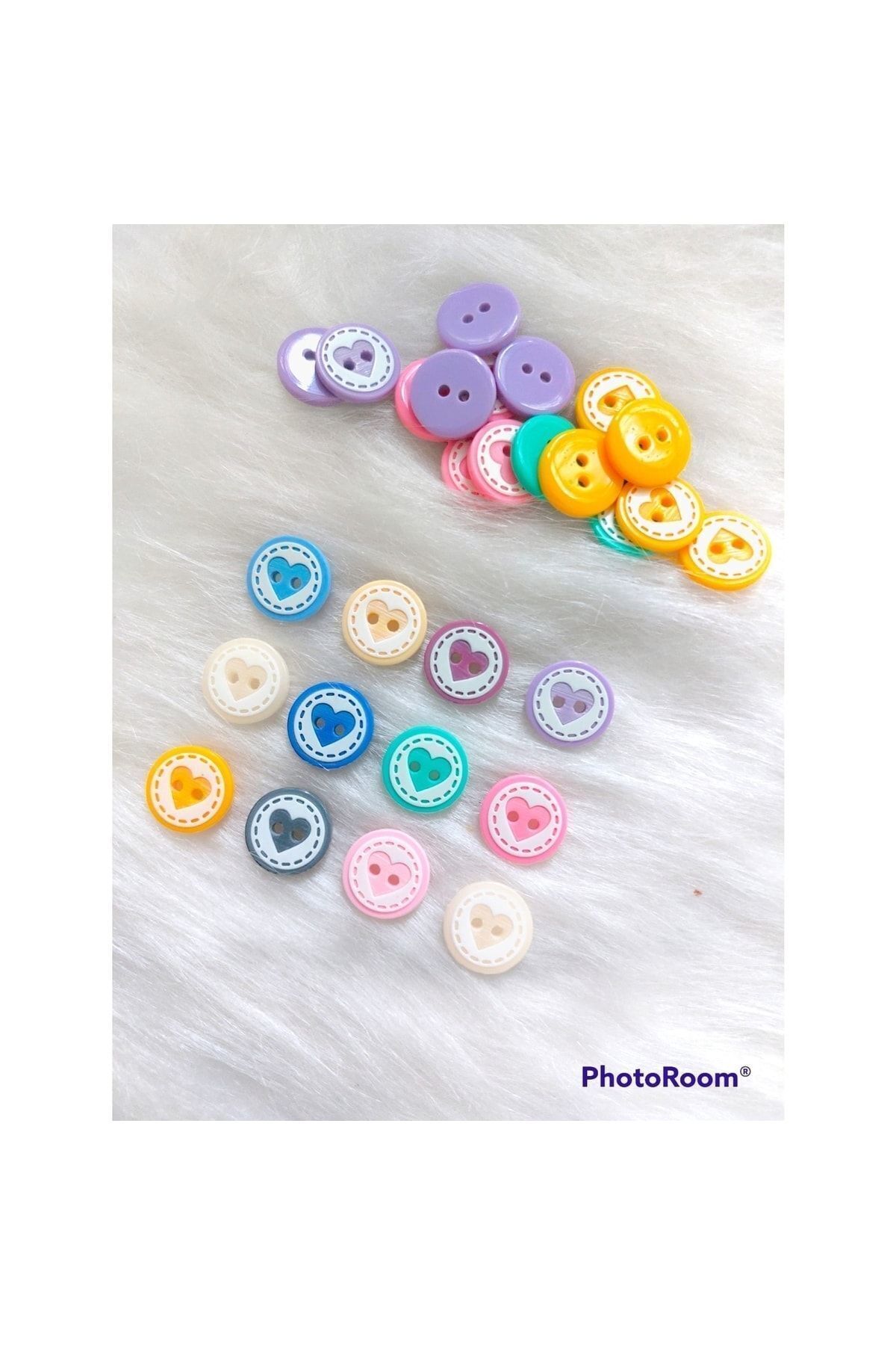 Zedhobi 60 Adet 15 Mm Renkli Yuvarlak Kalp Desenli Çizgili Düğme