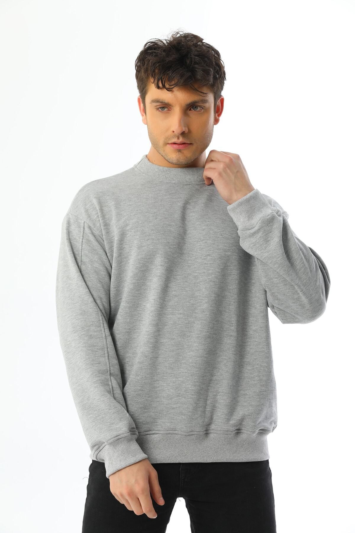 kallima Gri Oversize 3 Iplik Şardonsuz Bisiklet Yaka Erkek