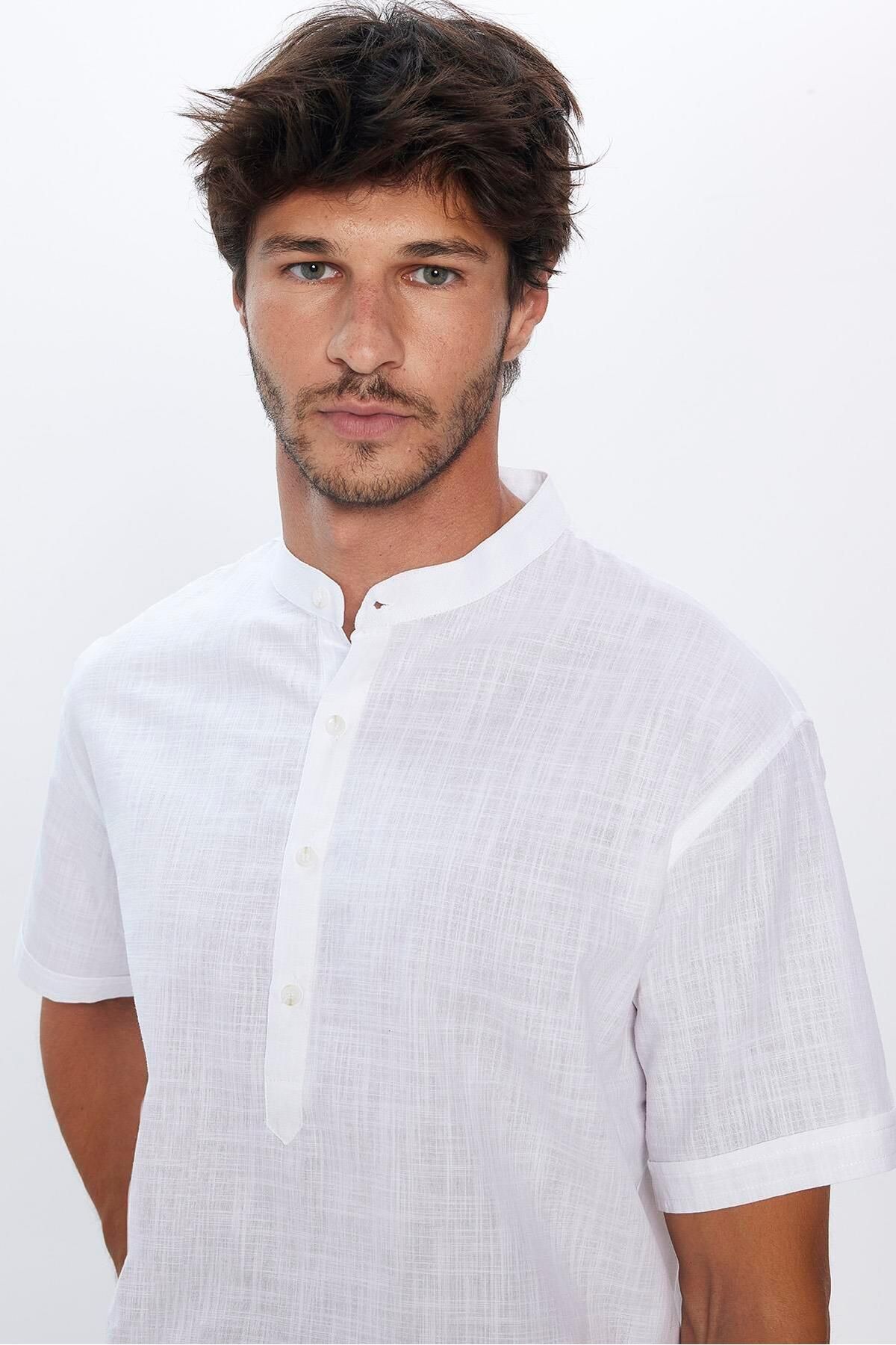 Tudors-White Prevailing Collar - 100% Cotton Linen Shirt, Short Sleeve, Relax Fit Dobby Men's Shirt 4