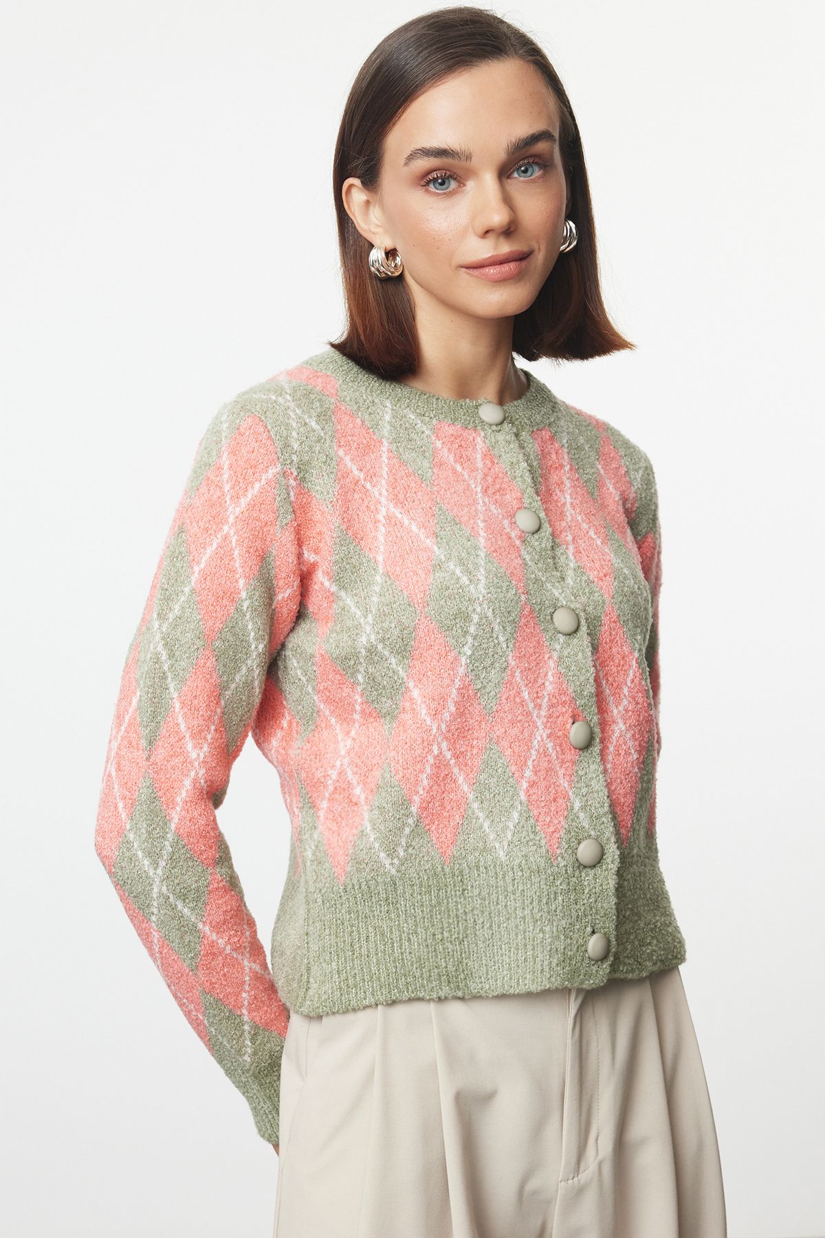 Trendyol Collection Zielony Sweter Kardigan - Wygląd Kurtki Boucle, Twoaw25hi00261 Kobieta - M