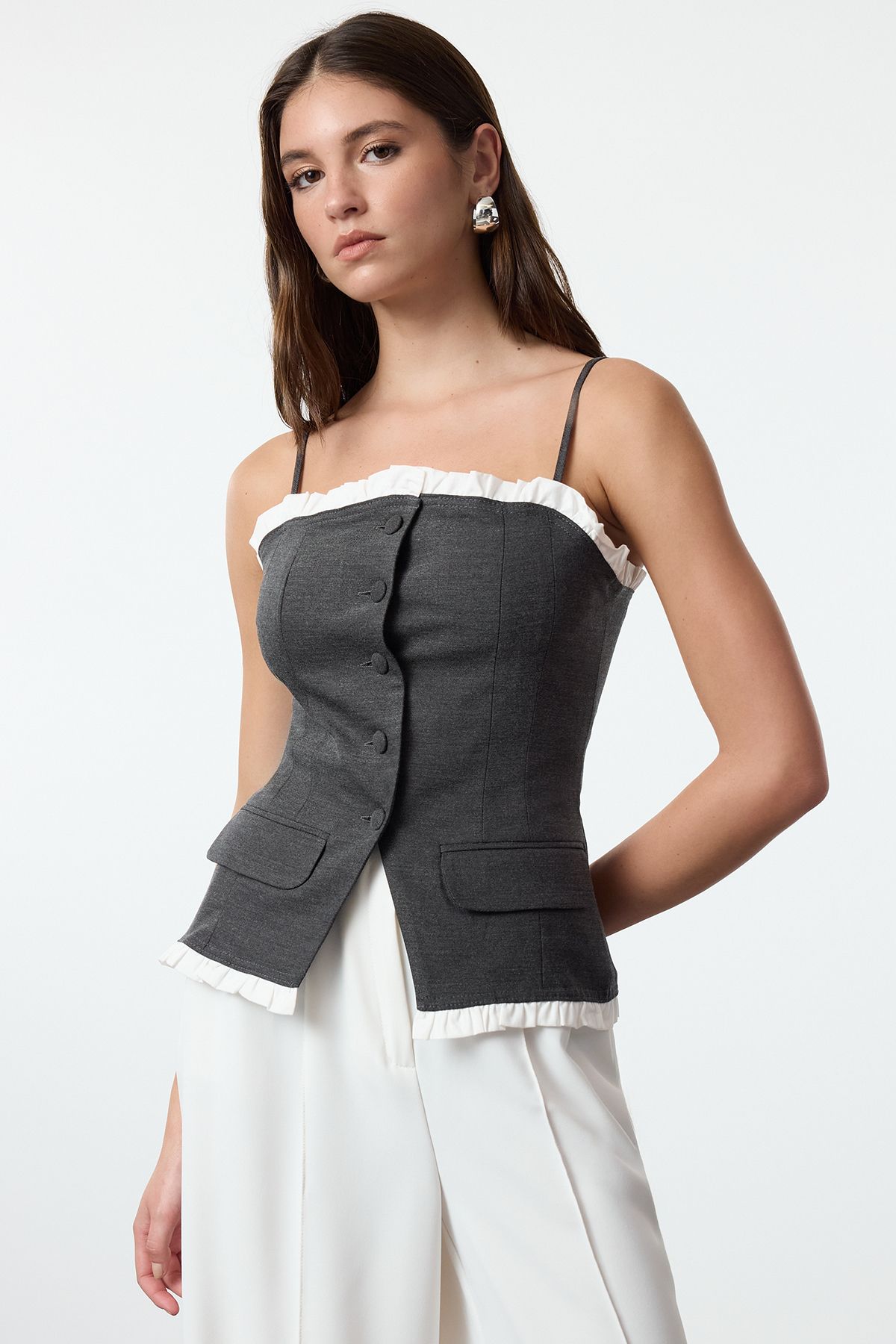 Trendyol Collection-Strappy Anthracite Woven Vest - Twoaw25Ye00057 2