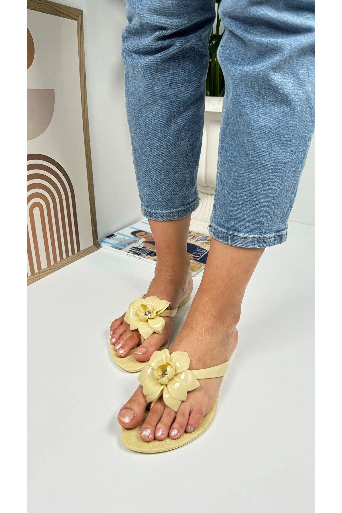 Nstil-Beige Women's Slippers - Flip Flops Oval Toe, Flat Sole and Flower Detail C8 8