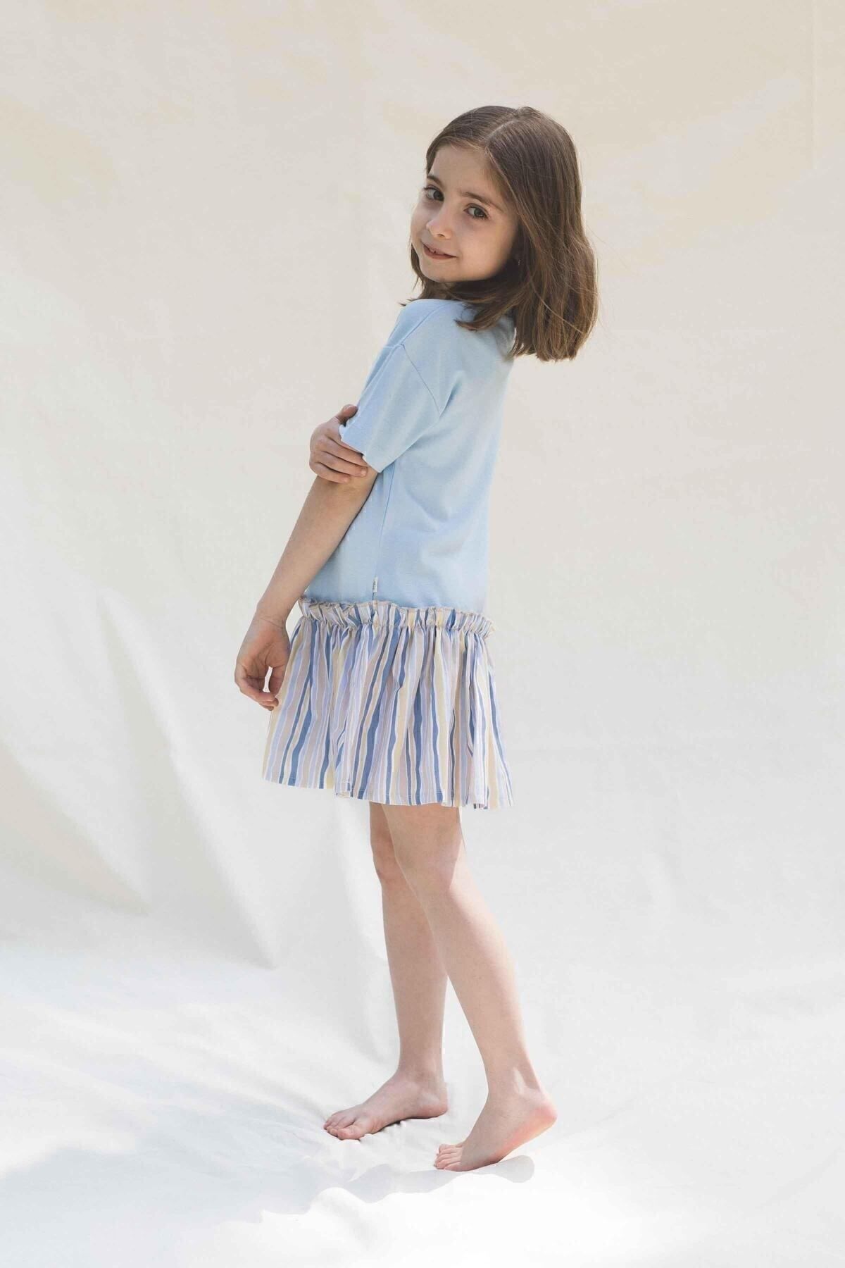 Bamboo Short Sleeve Dress with Flare Skirt Blue