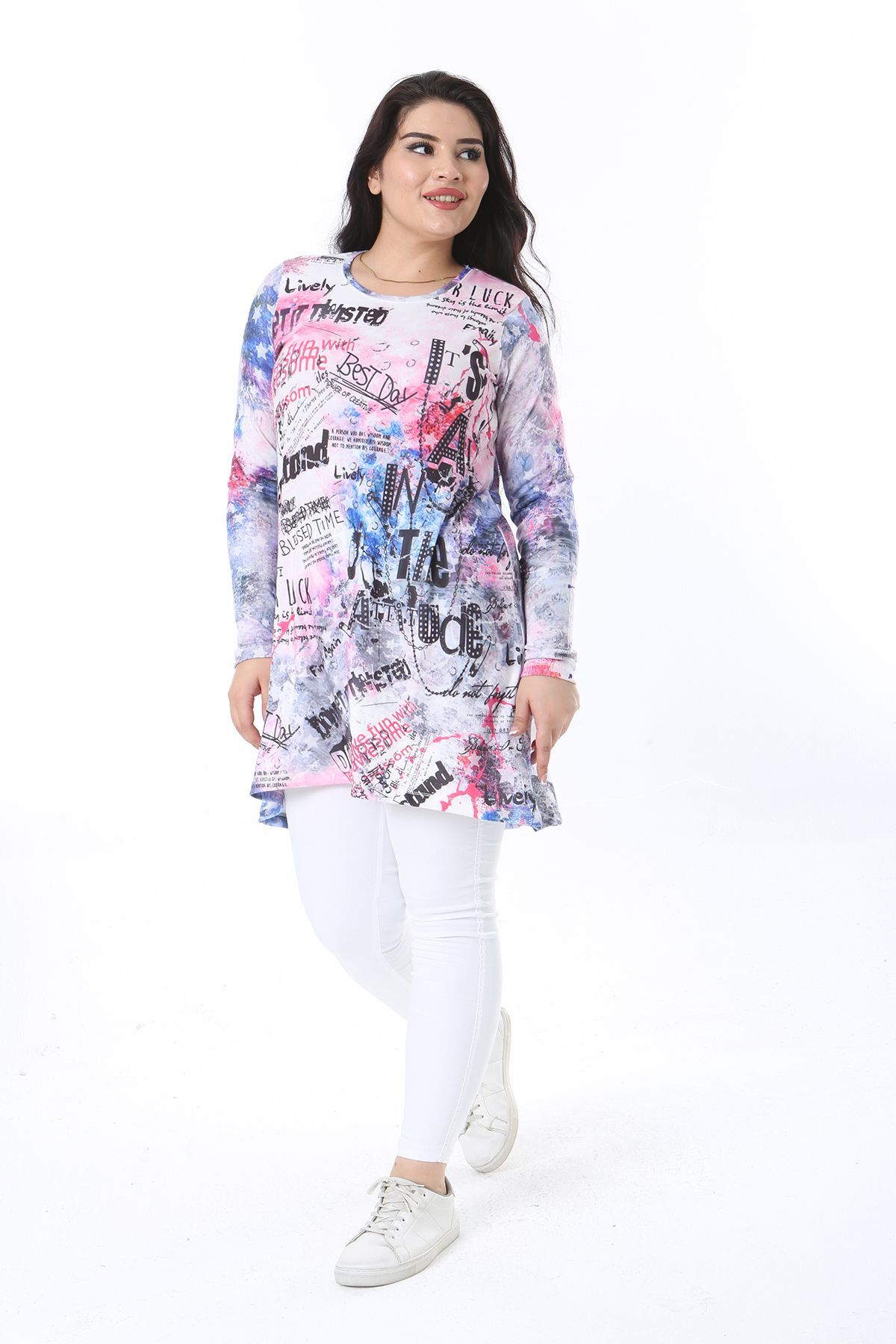 Women's Plus Size Colorful Crew Neck Printed Tunic 65N38245