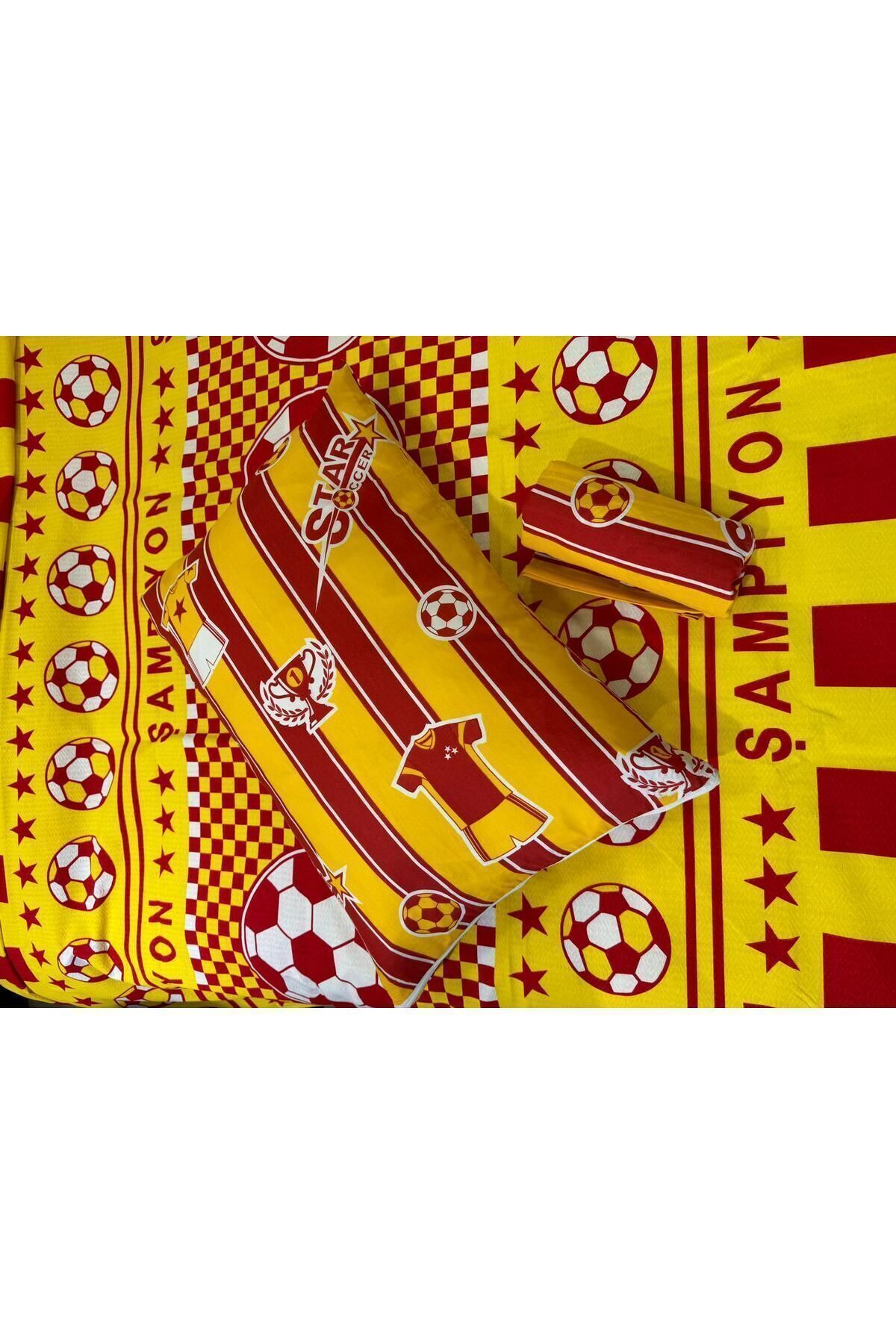 ŞENER HOME-Yellow-Red Single Pique Set - Fan Pattern and Elastic Sheet 2