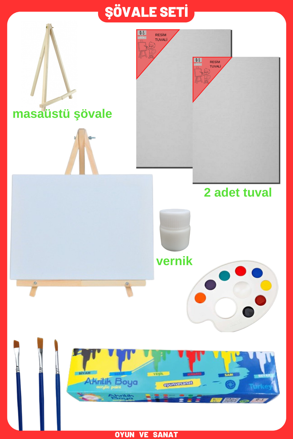 Resim - Boya Seti - Mini Masa Şövalesi, 2 Adet Tuval, Resim Verniği, Akrilik Boya, Palet, (ŞÖVALYE)