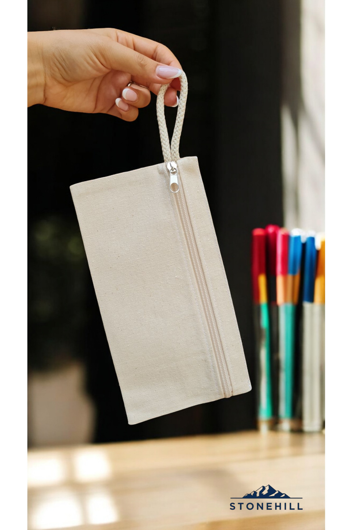 stonehill %100 Pamuk Minimalist Tasarım Bez Kalem Çantası 23x12 cm