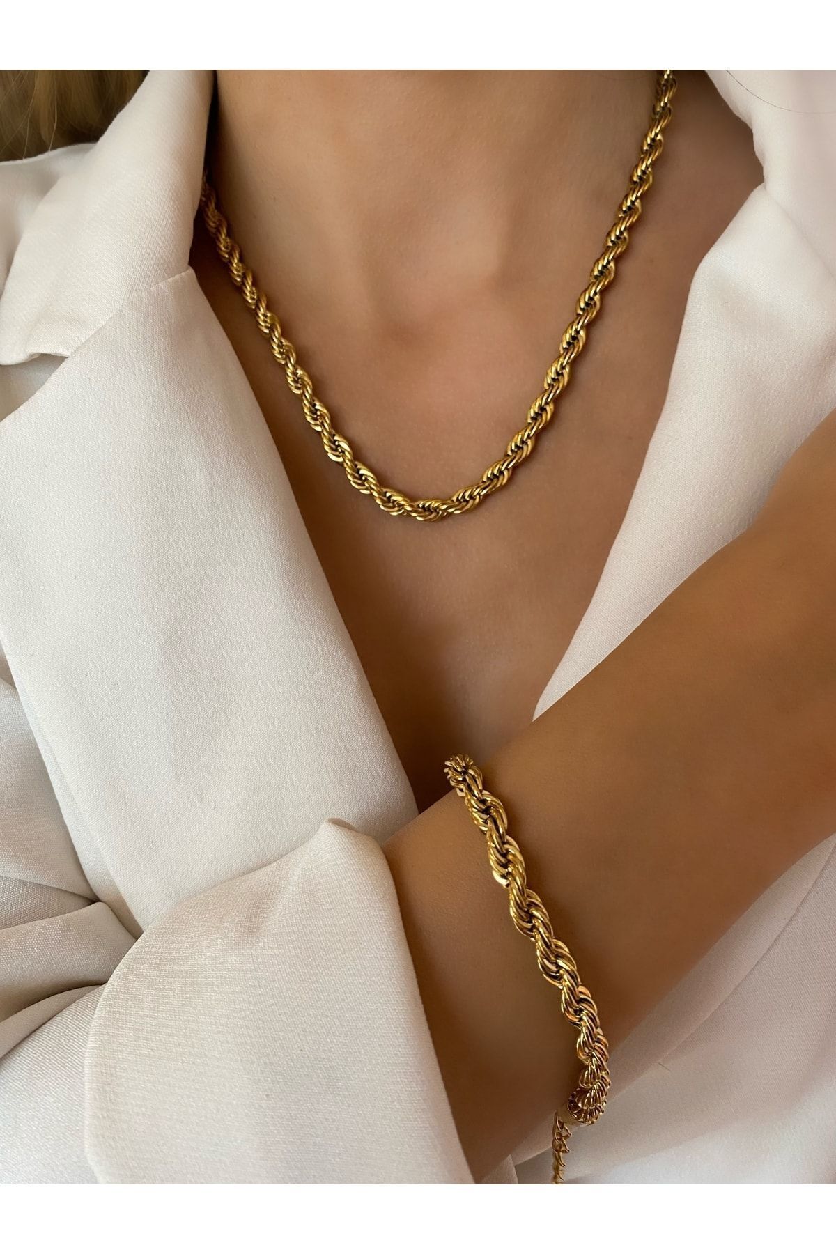 Asya Jewellery Paslanmaz Çelik Kalın Burgu Halat Zincir Bileklik Ve Kolye Seti