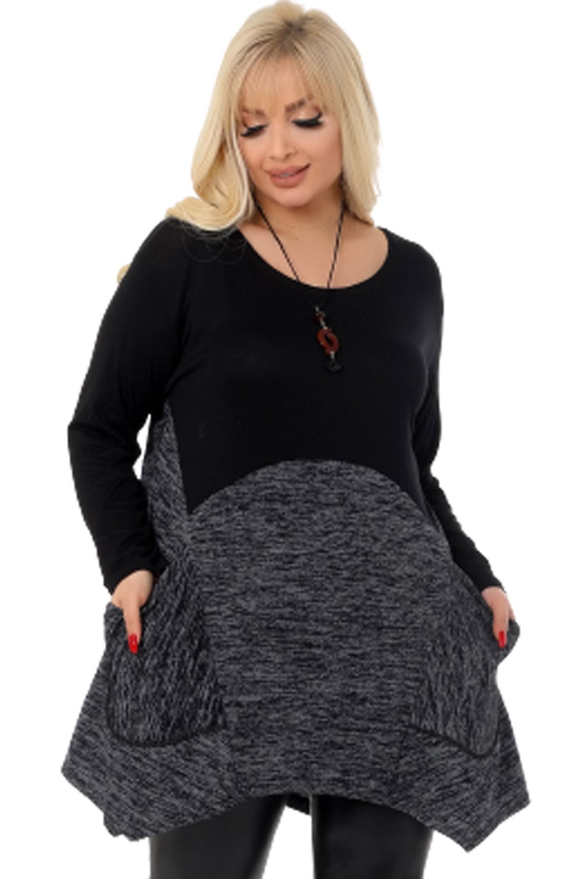 Kheos Yuvarlak Yaka Çift Renk Cepli Asimetrik Uzun Kol Bluz