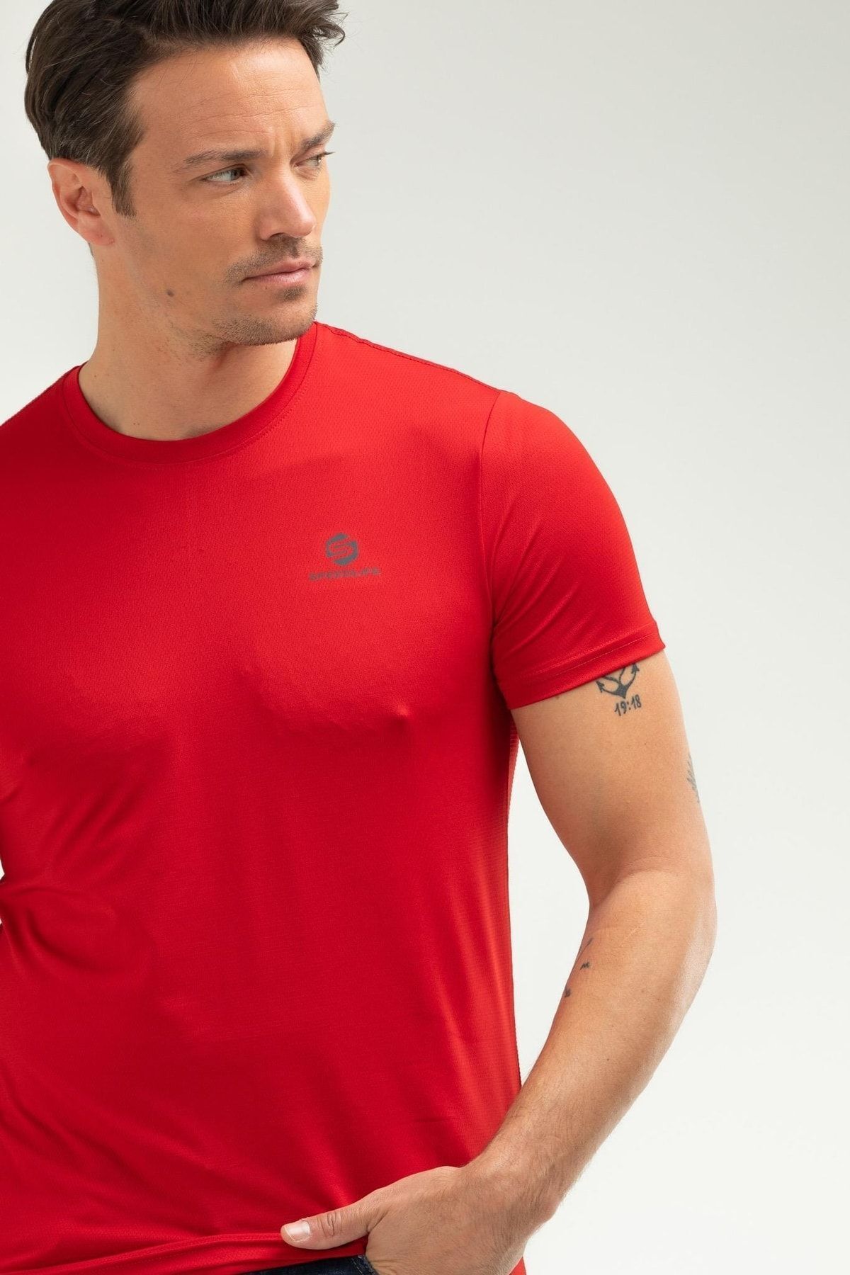 speedlife-Red Regular Knitted Pattern Crew Neck Short Sleeve Men's T-Shirt Xf1226 1