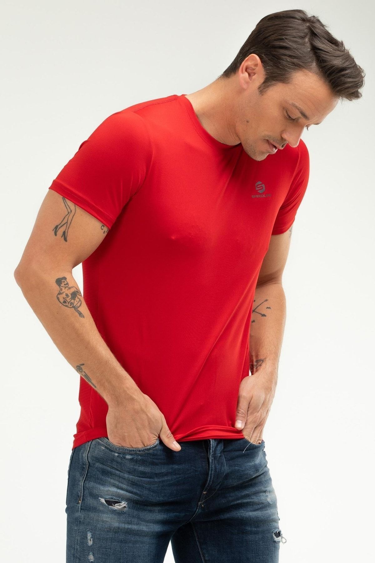 speedlife-Red Regular Knitted Pattern Crew Neck Short Sleeve Men's T-Shirt Xf1226 3