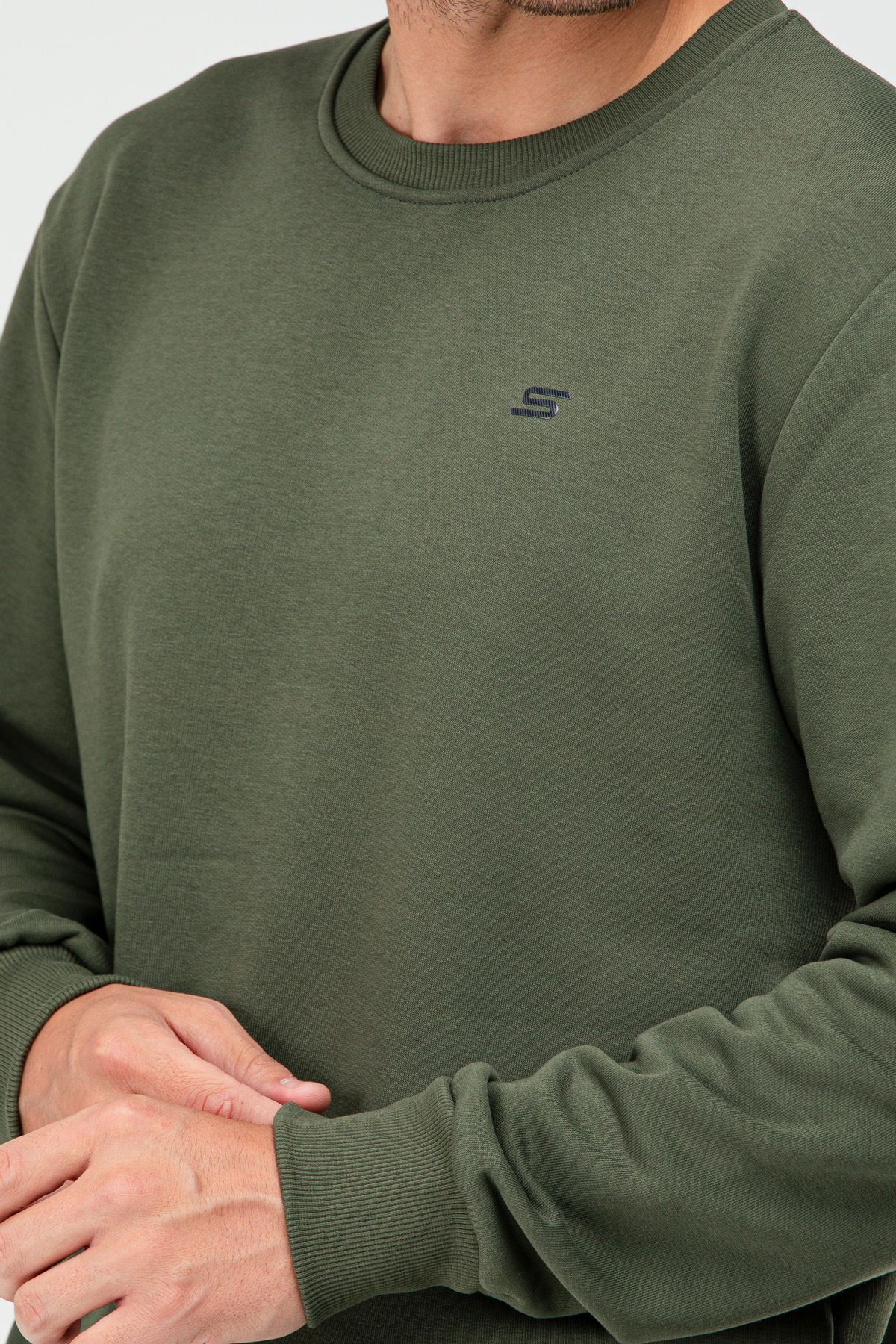 speedlife-Ανδρικό φούτερ Χακί Regular Cotton Crew Neck Basic 5