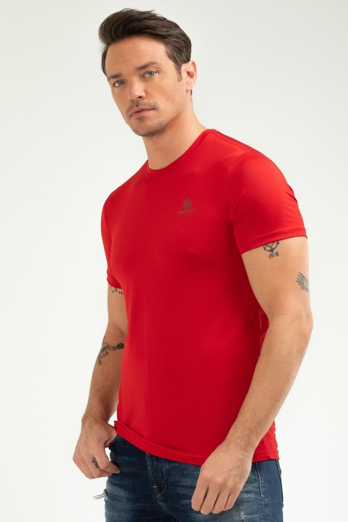 speedlife-Red Regular Knitted Pattern Crew Neck Short Sleeve Men's T-Shirt Xf1226 4