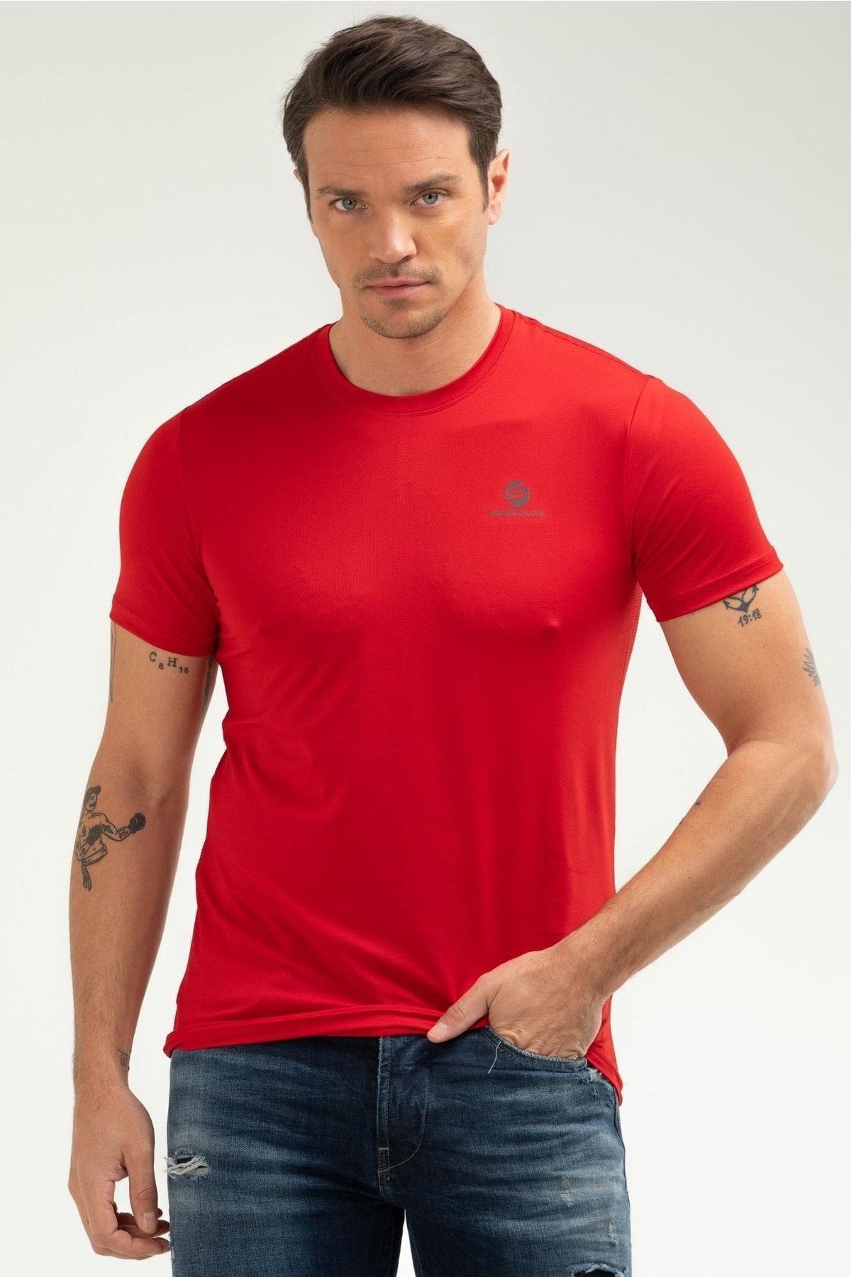 speedlife-Red Regular Knitted Pattern Crew Neck Short Sleeve Men's T-Shirt Xf1226 2