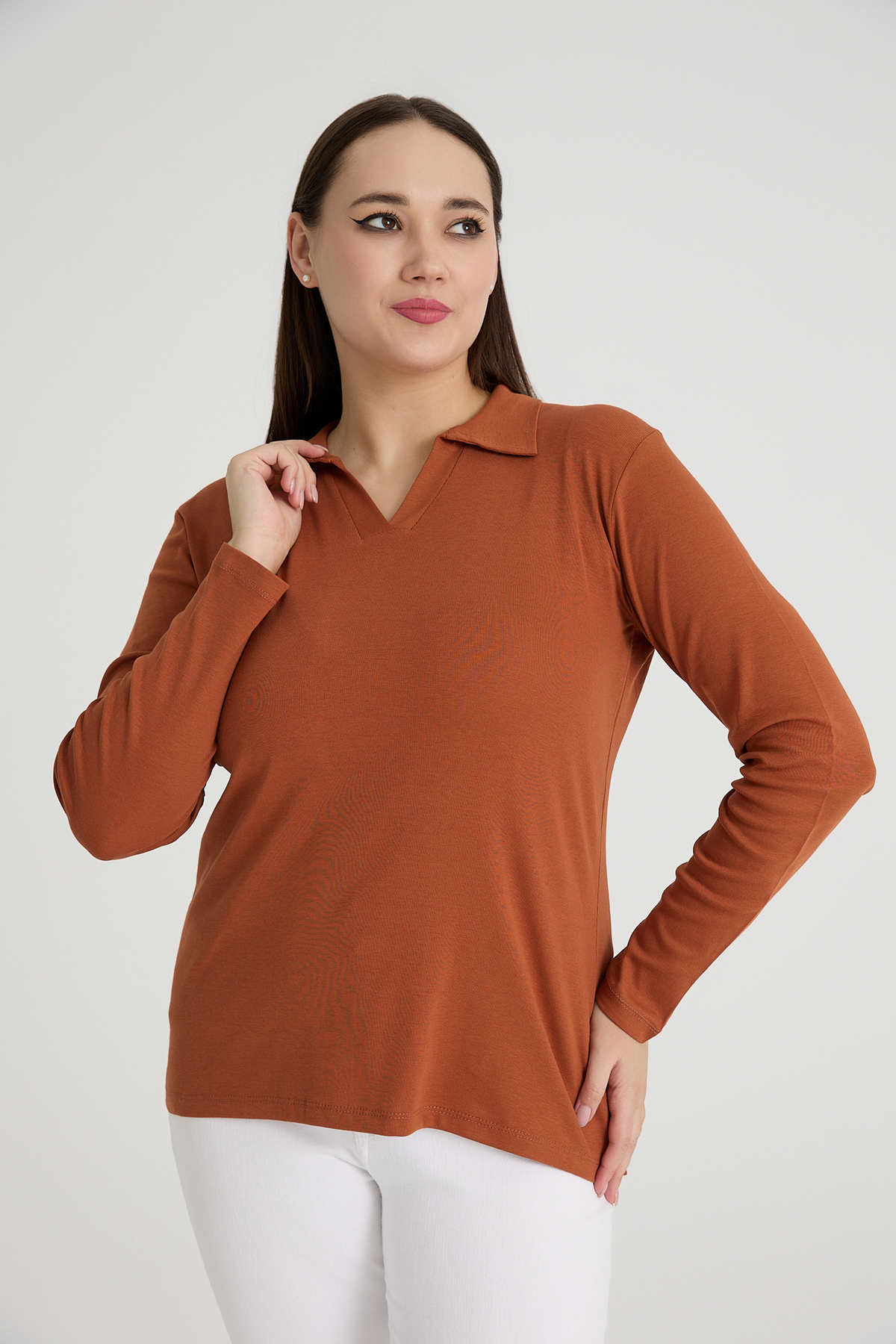 BANEGA Curve Büyük Beden Pamuklu Likralı V Yaka Basic Düz Uzun Kol Kiremit Bluz