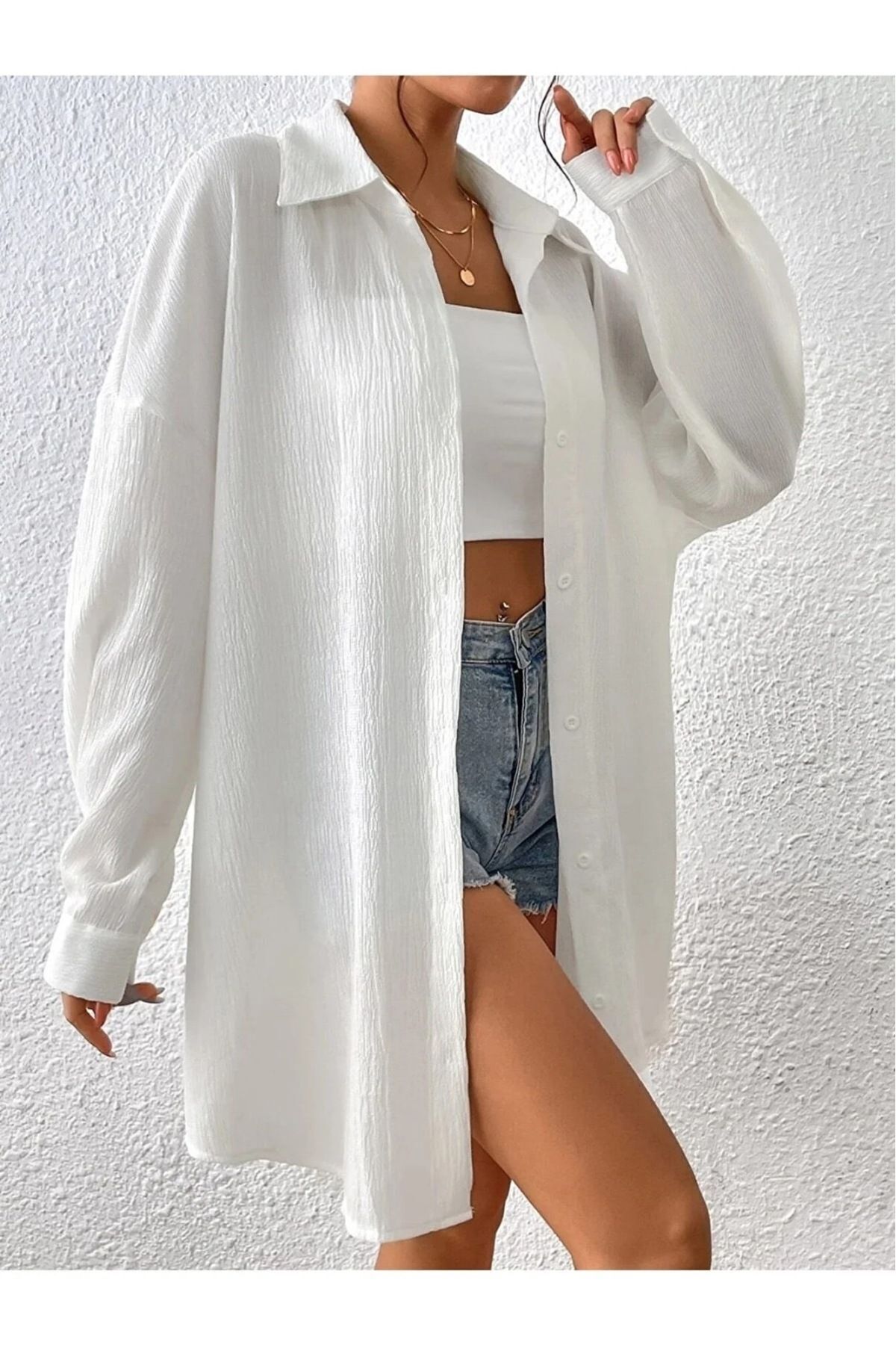 MOONBULL  Kadın Oversize Bürümcük Keten Karışımı Gömlek - Görsel 4