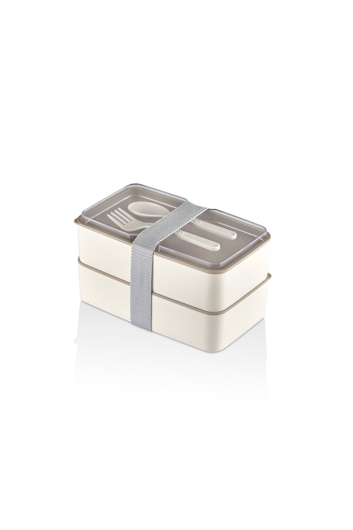 Bayev-1003 Model Lunch Box - 2-layer Cream Colored, Storage Container with Spoon, Compartmented Food Box 3